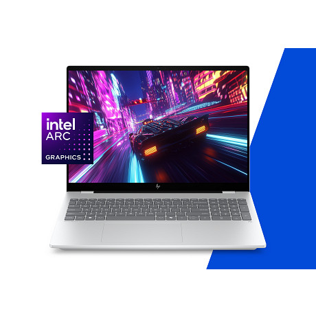 Intel Arc grafikalı dizüstü bilgisayar, neon ışıklı şehir manzarasında fütüristik bir araba gösteriyor.