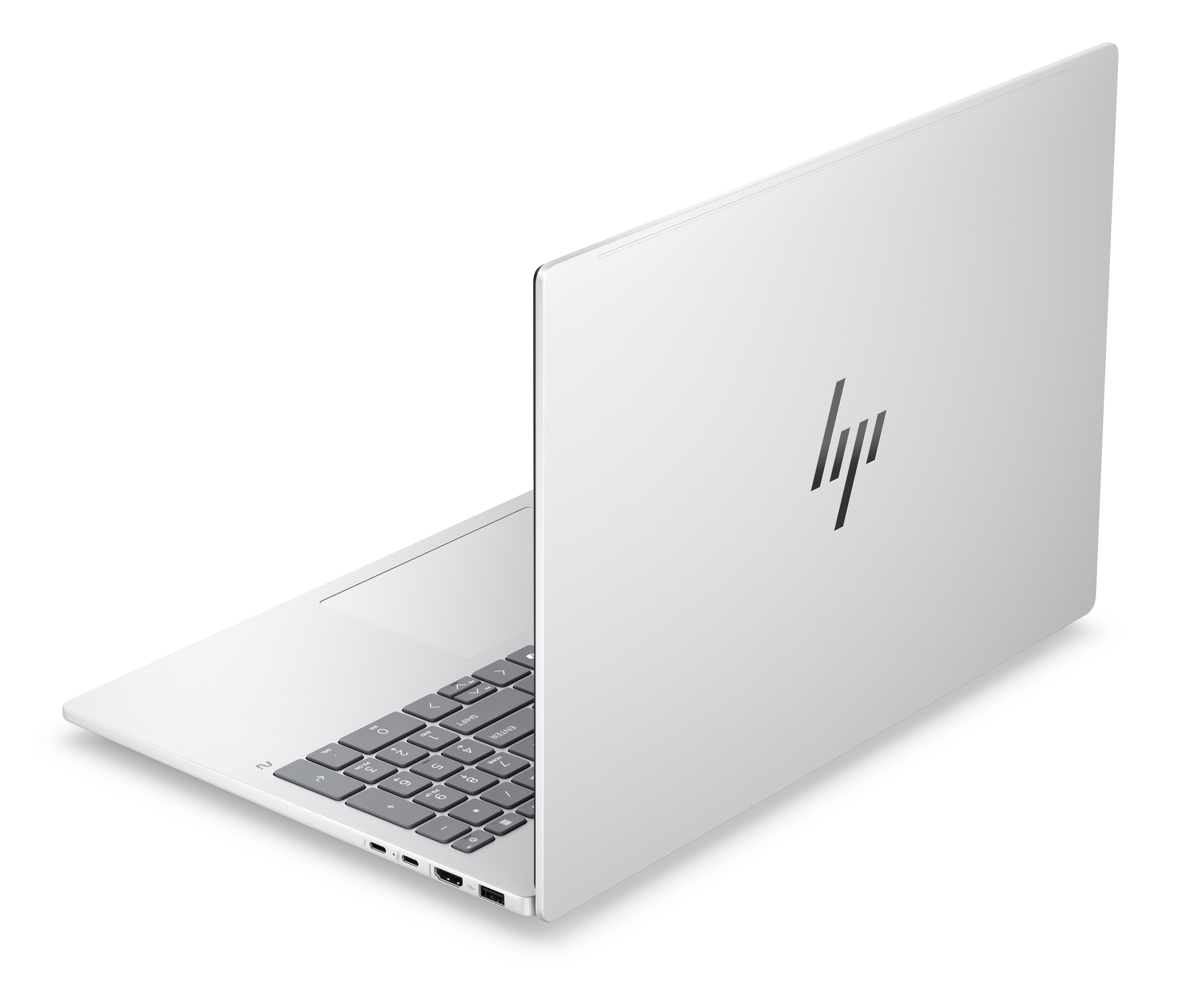 Kapaktaki siyah HP logosu, klavyesi ve portları görünen beyaz bir dizüstü bilgisayar.