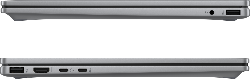Gümüş laptop yan görünüm: üstte USB, kulaklık jakı. Altta HDMI, USB-C.