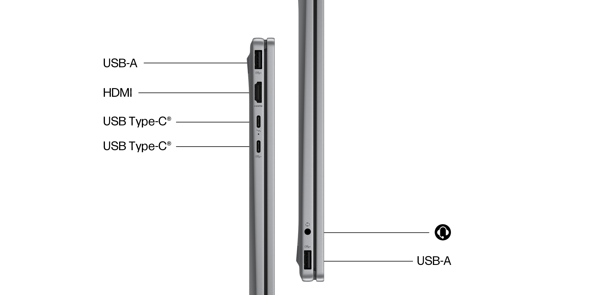Gümüş rengi dizüstü bilgisayar: USB-A, HDMI, 2x USB-C ve kulaklık jakı.