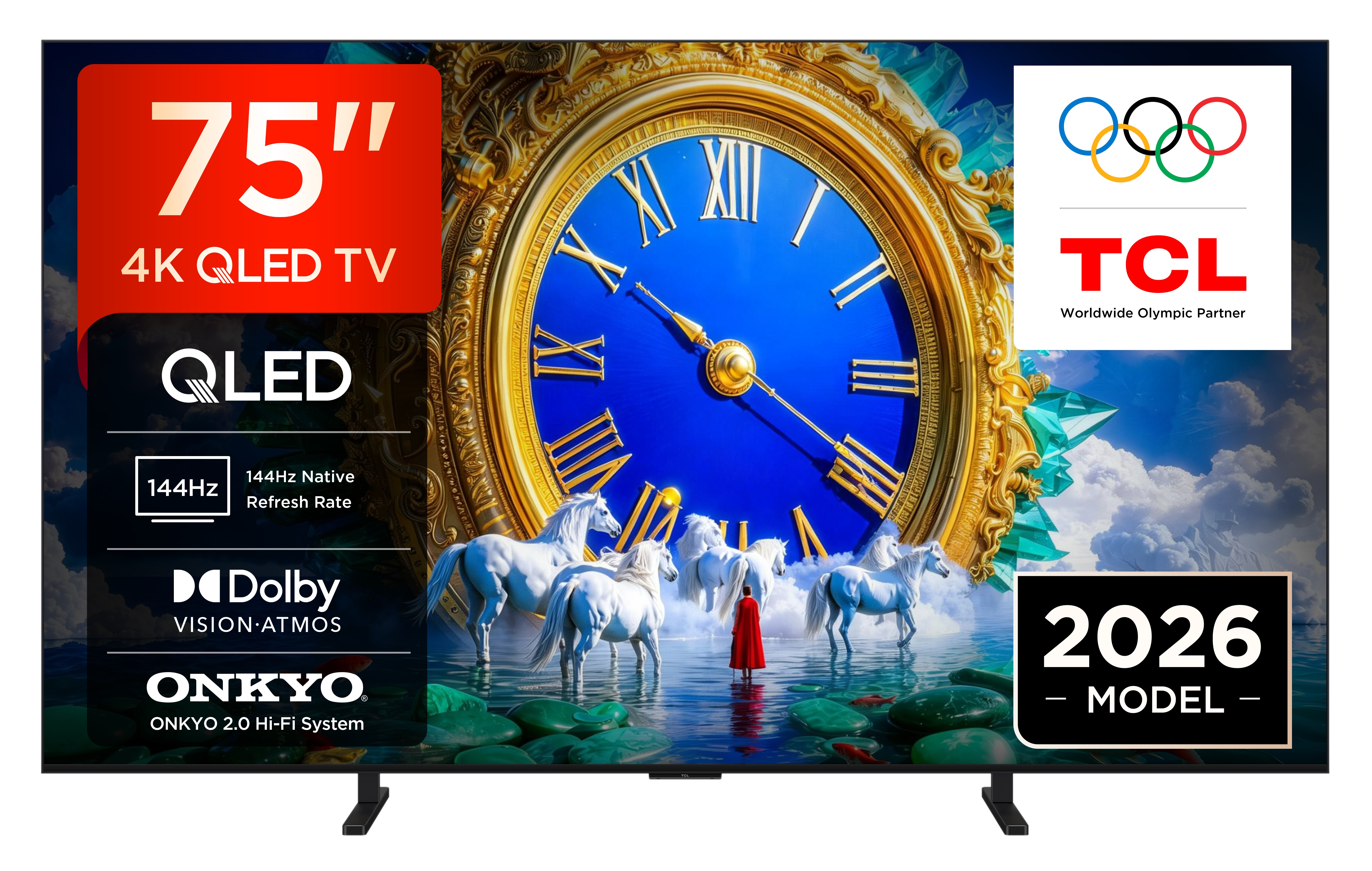 Telewizor QLED 4K 75 cali z 144Hz, Dolby Vision/Atmos, dźwiękiem Onkyo, logo olimpijskie.