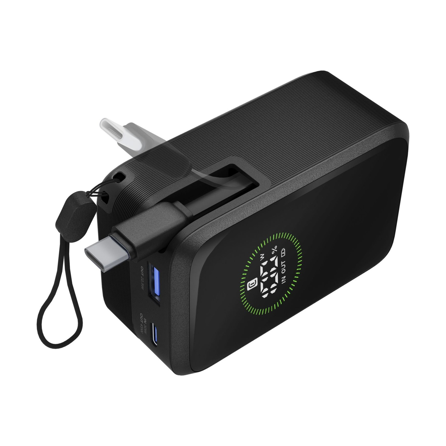 Power bank nero con cavo USB-C e display digitale.
