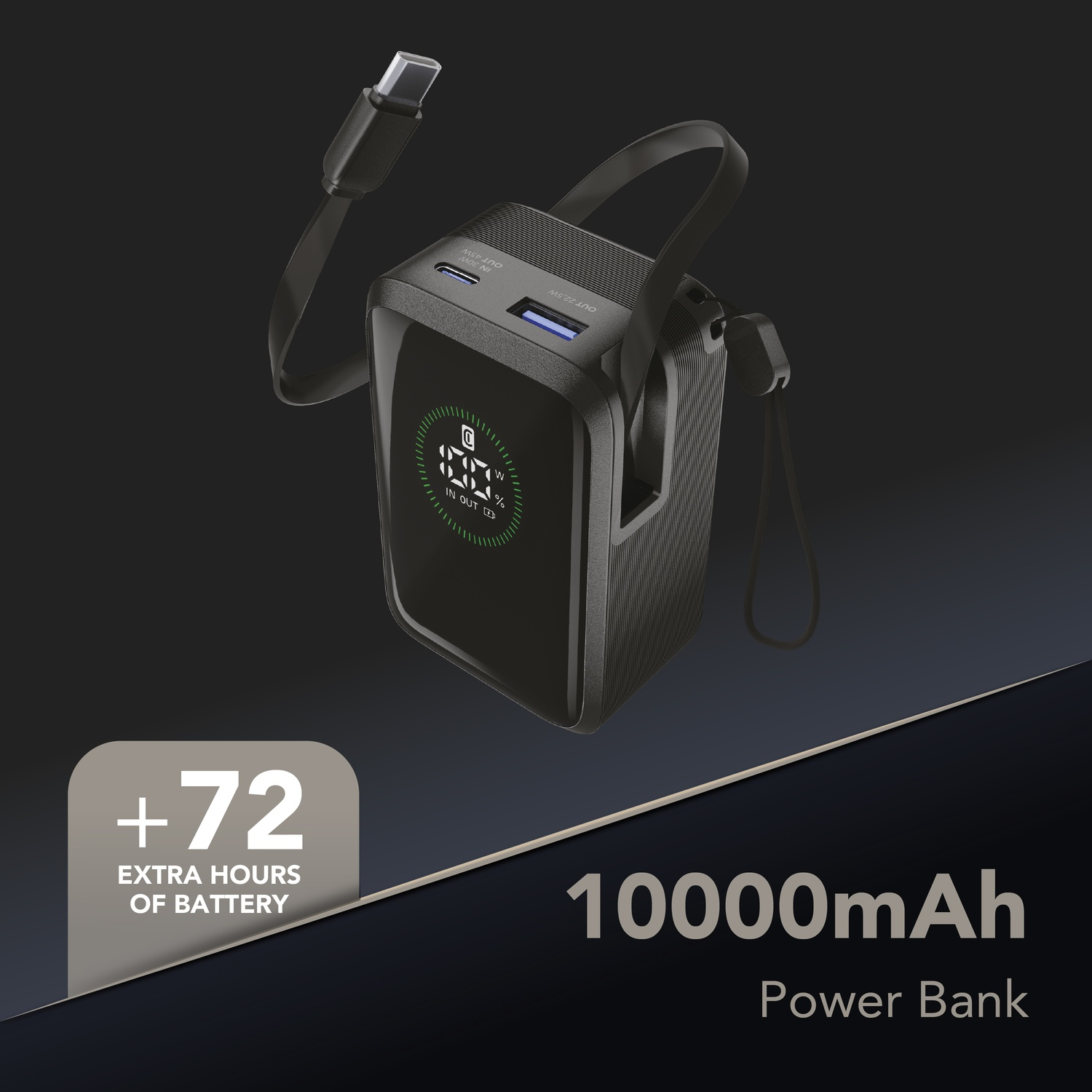 Power bank nero con cavo USB-C, 10000mAh, +72 ore di batteria.