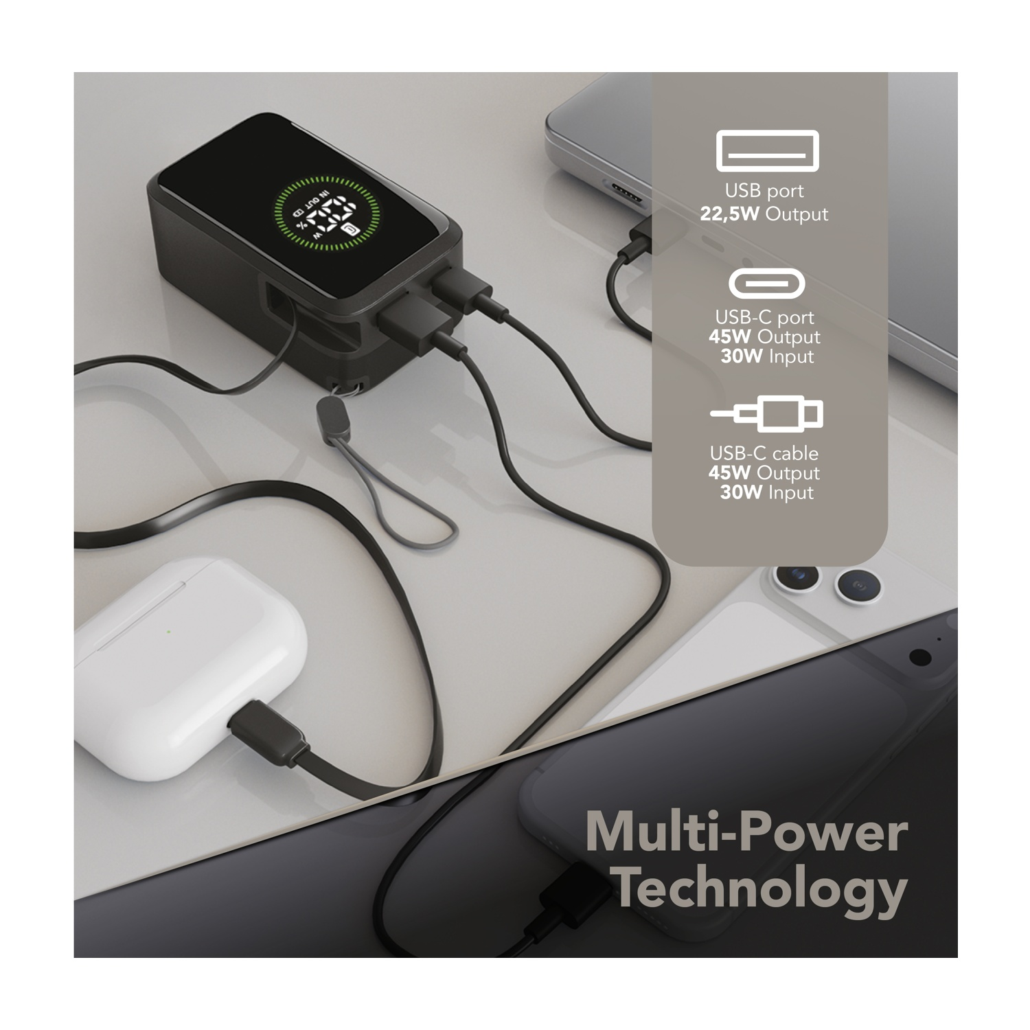 Power bank nero con display digitale, collegato ai dispositivi.