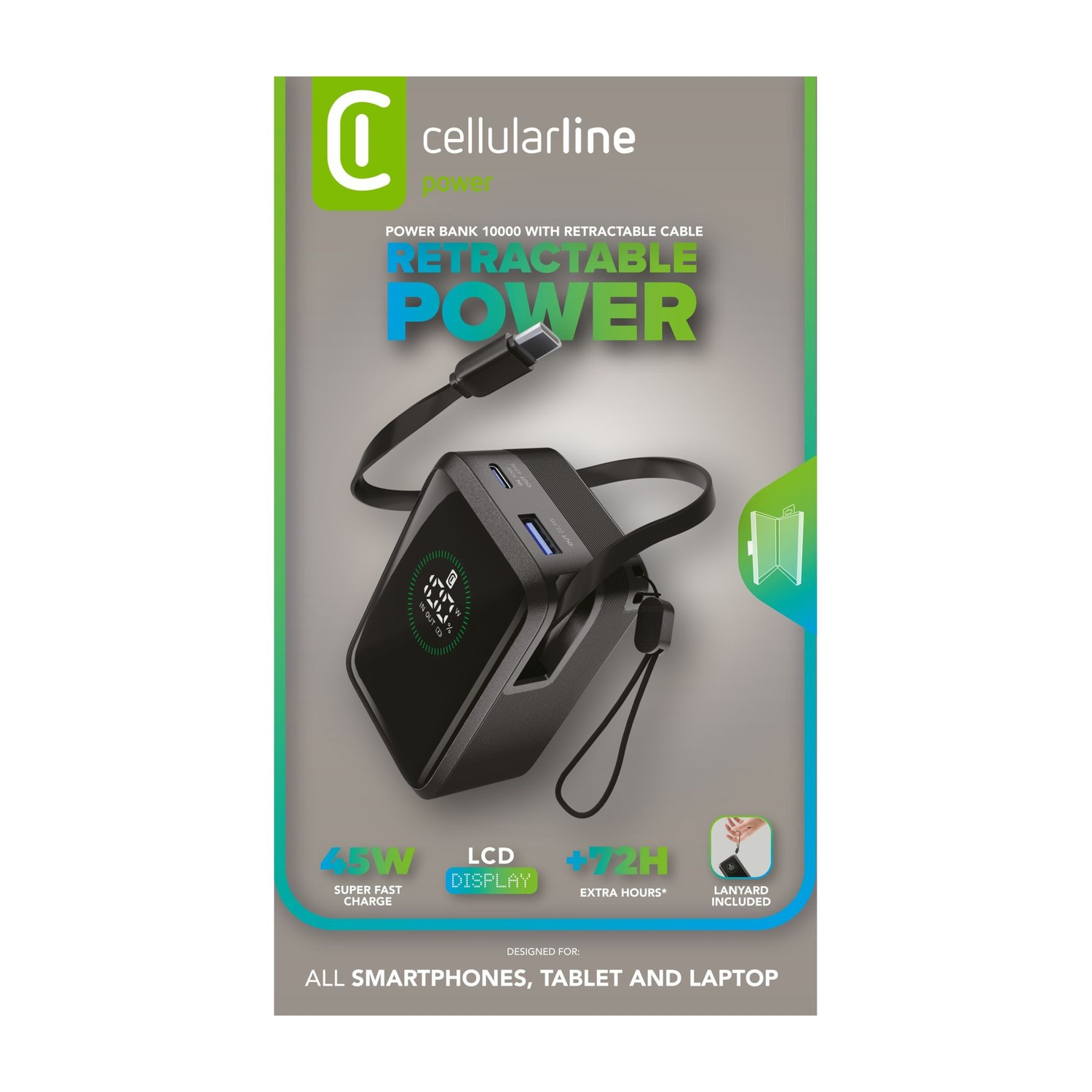 Power bank Cellularline nera con LCD, 45W, 10000mAh, retrattile.