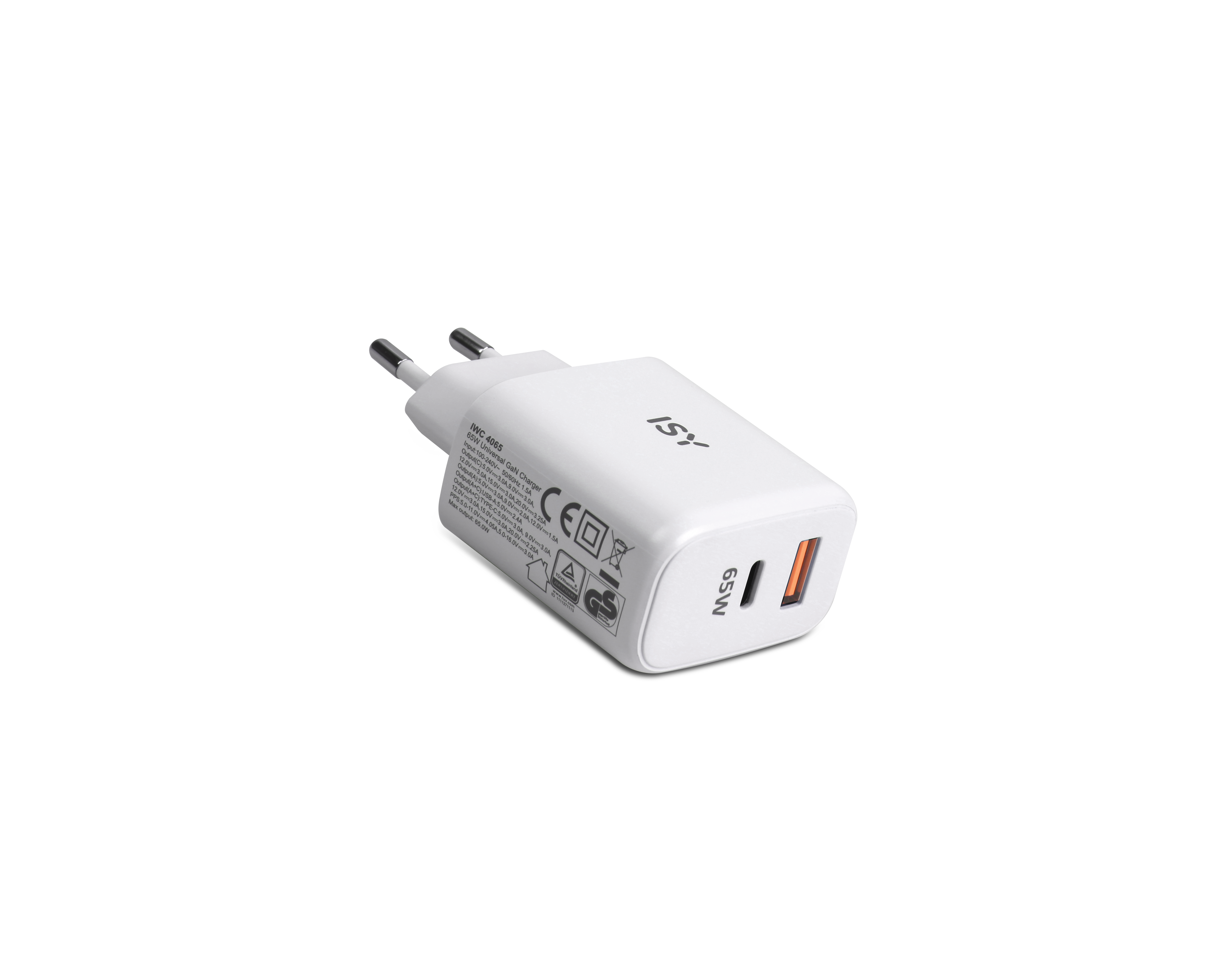 Weißer 65W USB-C GaN-Ladegerät mit zwei Anschlüssen und EU-Stecker.