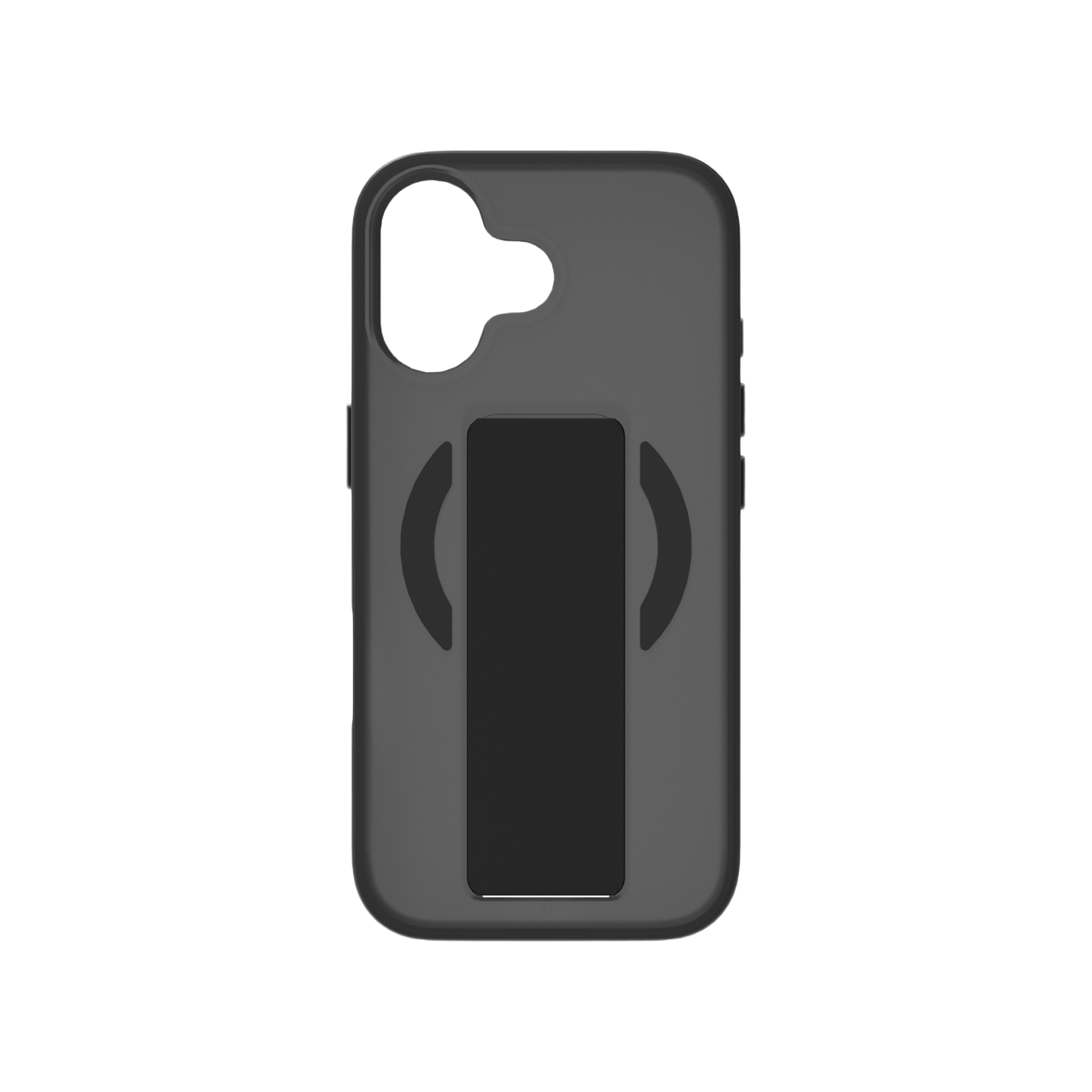Kamera kesikli, tutmaçlı siyah telefon kılıfı.