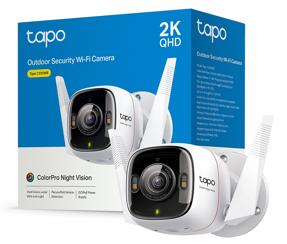 Kamera Wi-Fi zewnętrzna Tapo C325WB na opakowaniu, 2K QHD, Noktowizor ColorPro.