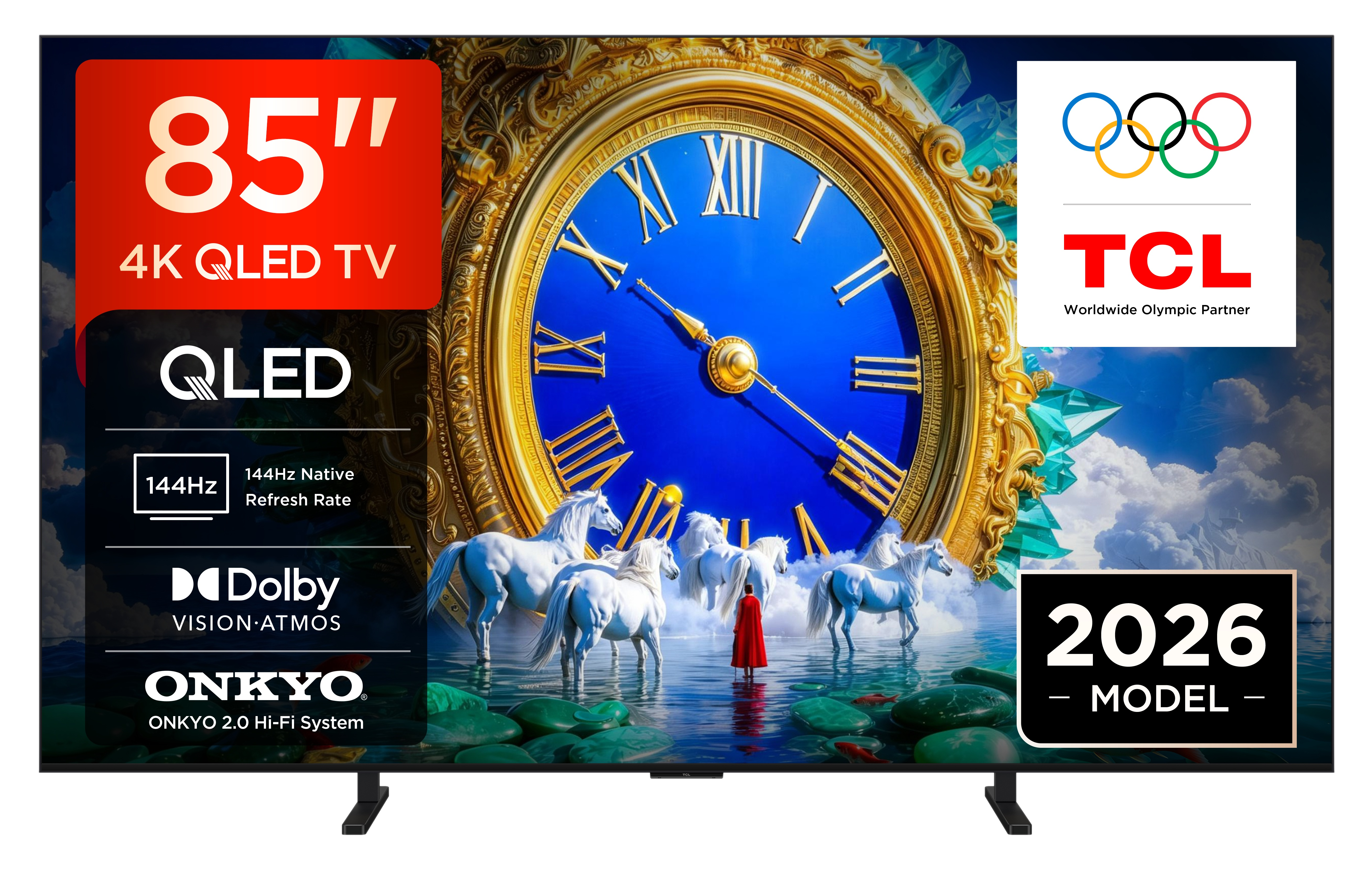 Telewizor TCL 85" 4K QLED z logo olimpijskim, zegarem, końmi i modelem 2026.