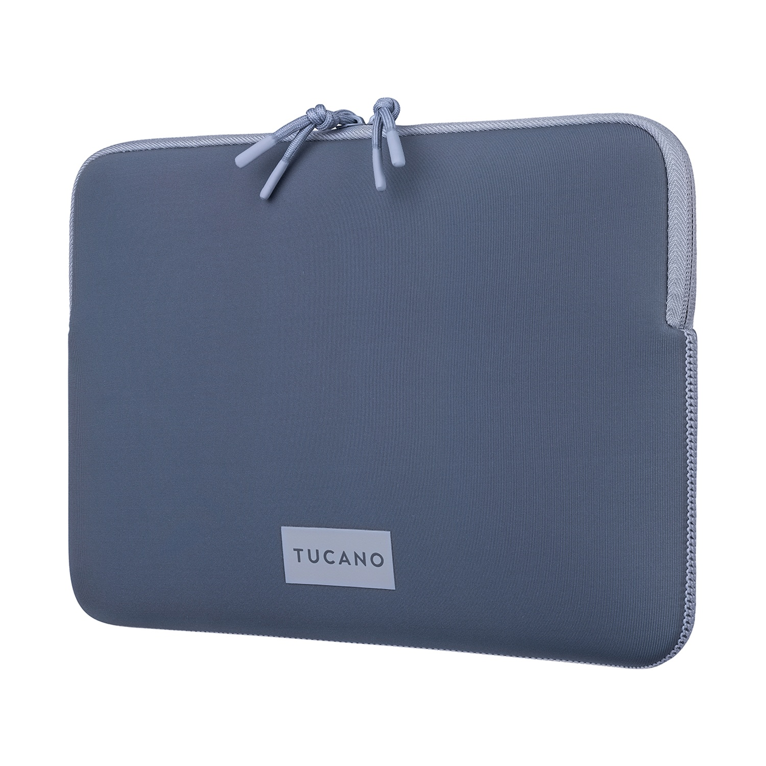 Custodia grigia per laptop con cerniera e linguette. Logo Tucano sul davanti.