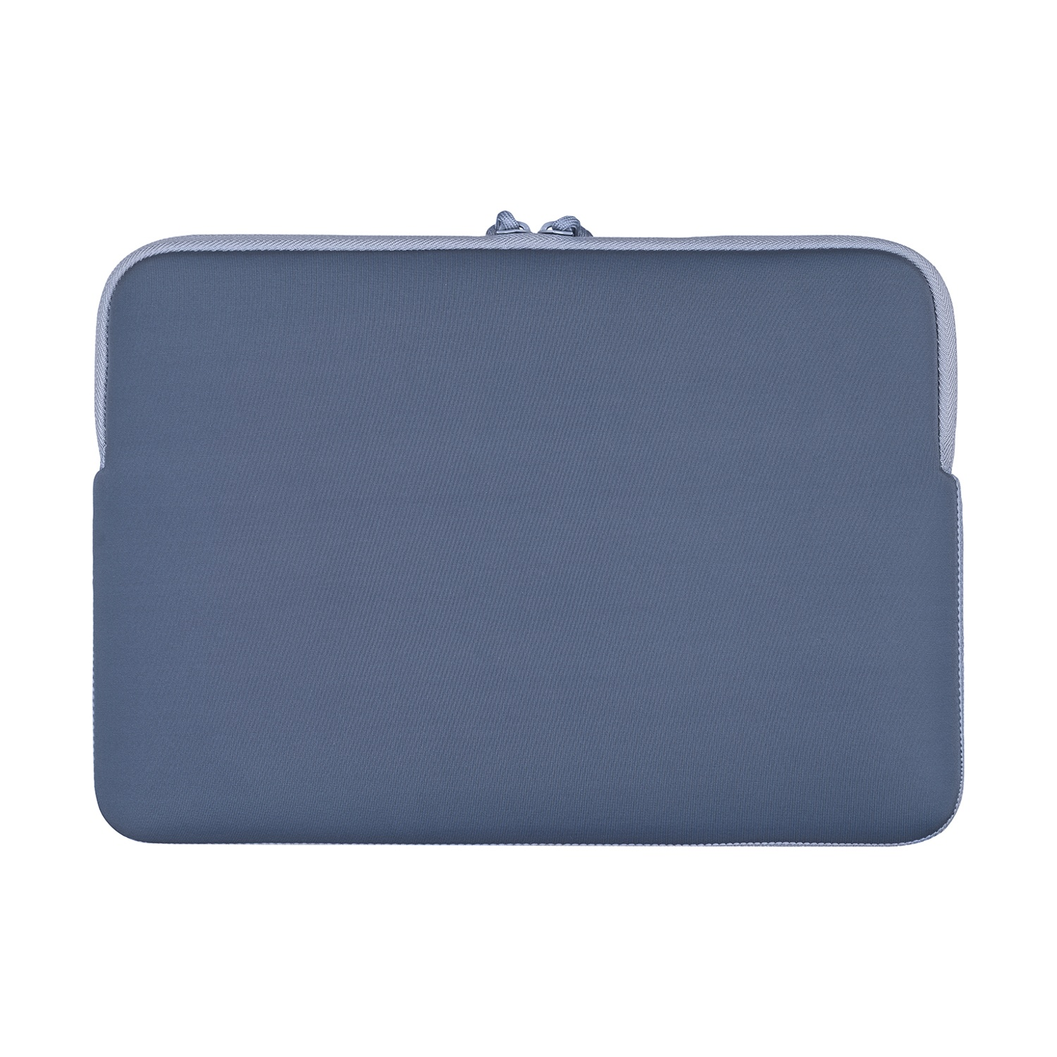 Custodia grigia per laptop con cerniera, su sfondo bianco.