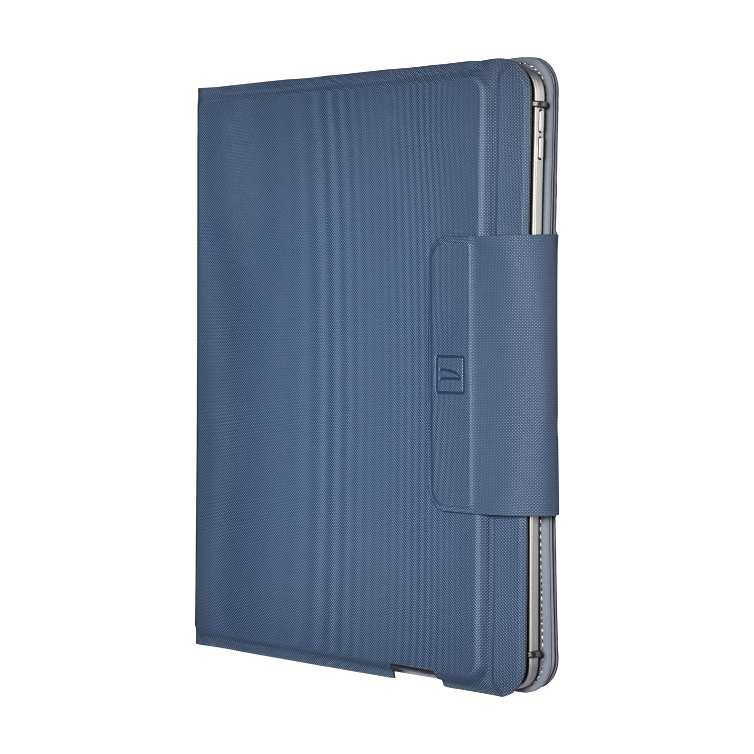 Custodia blu per tablet con patta e cinturino, che mostra un bordo argentato.