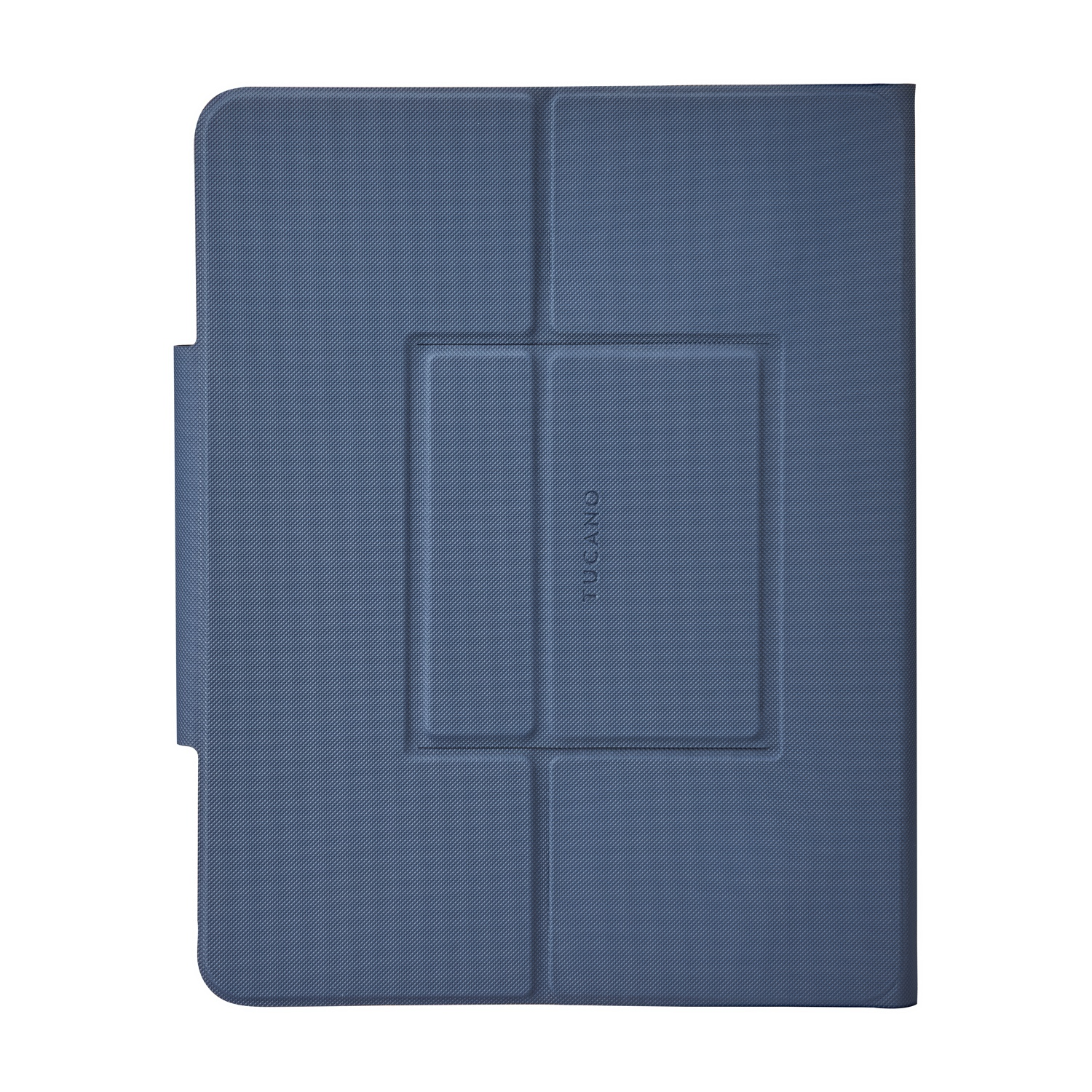 Custodia per tablet blu testurizzato con logo "TUCANO" su funzione stand.