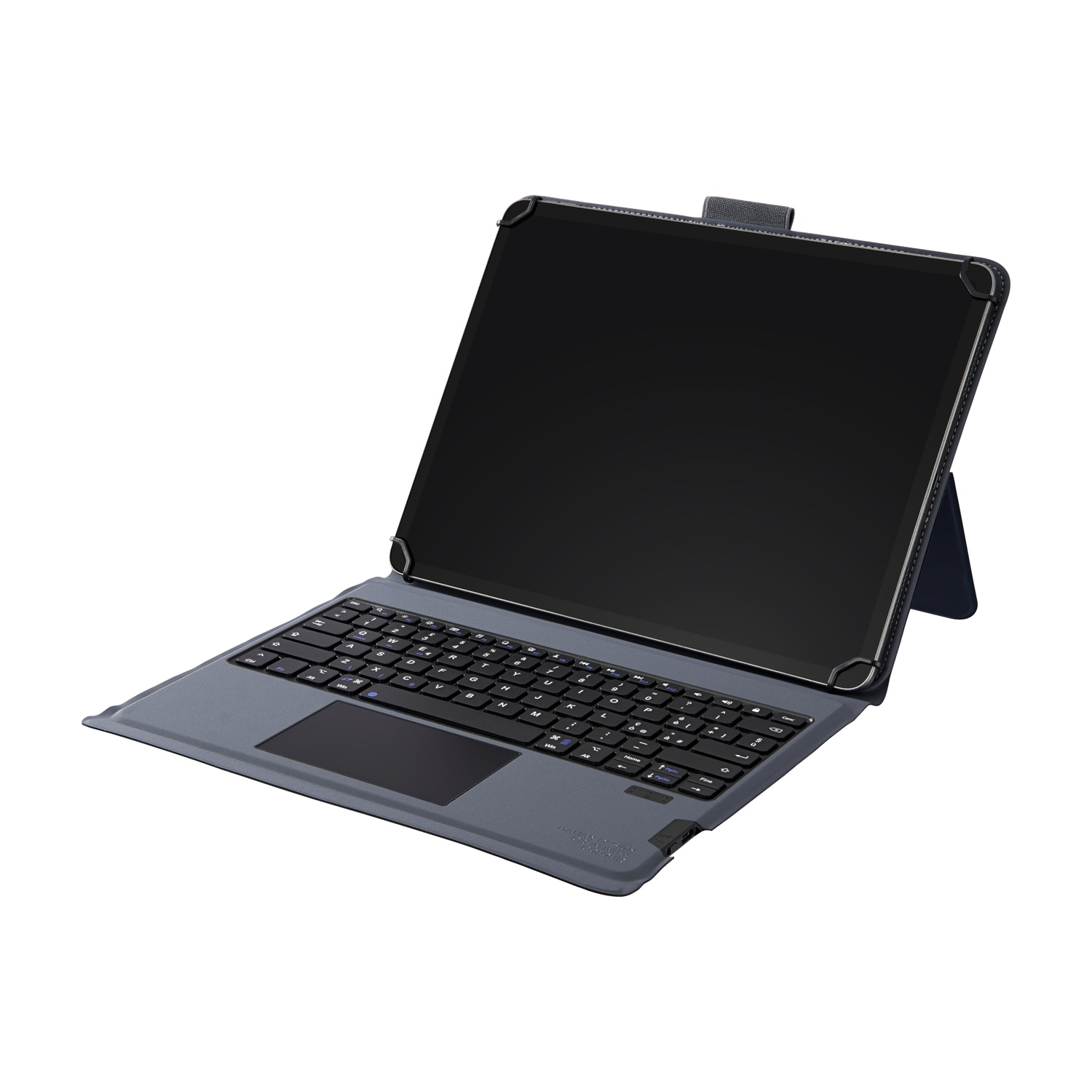 Un tablet grigio con tastiera e trackpad, appoggiato su sfondo bianco.