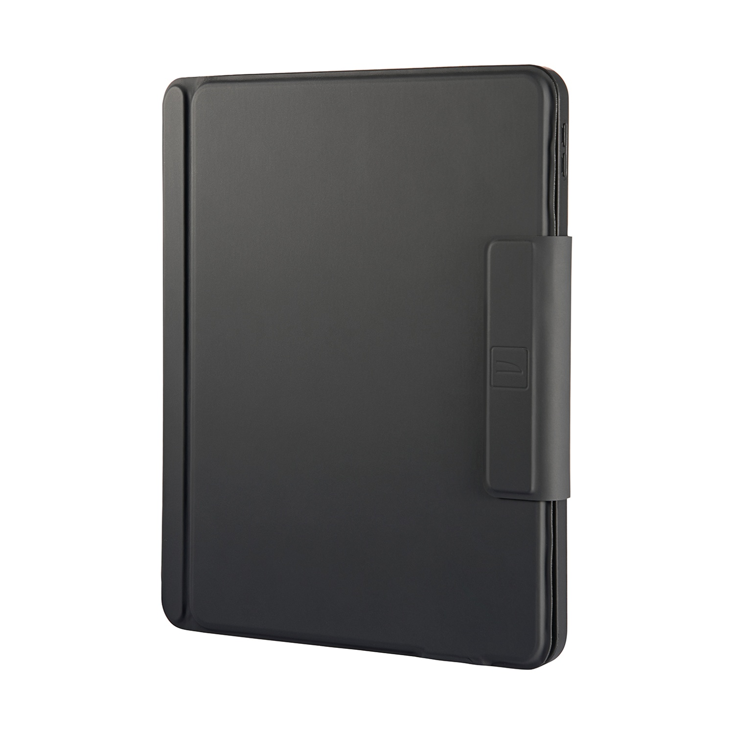 Custodia nera per tablet con chiusura magnetica e logo sul davanti.