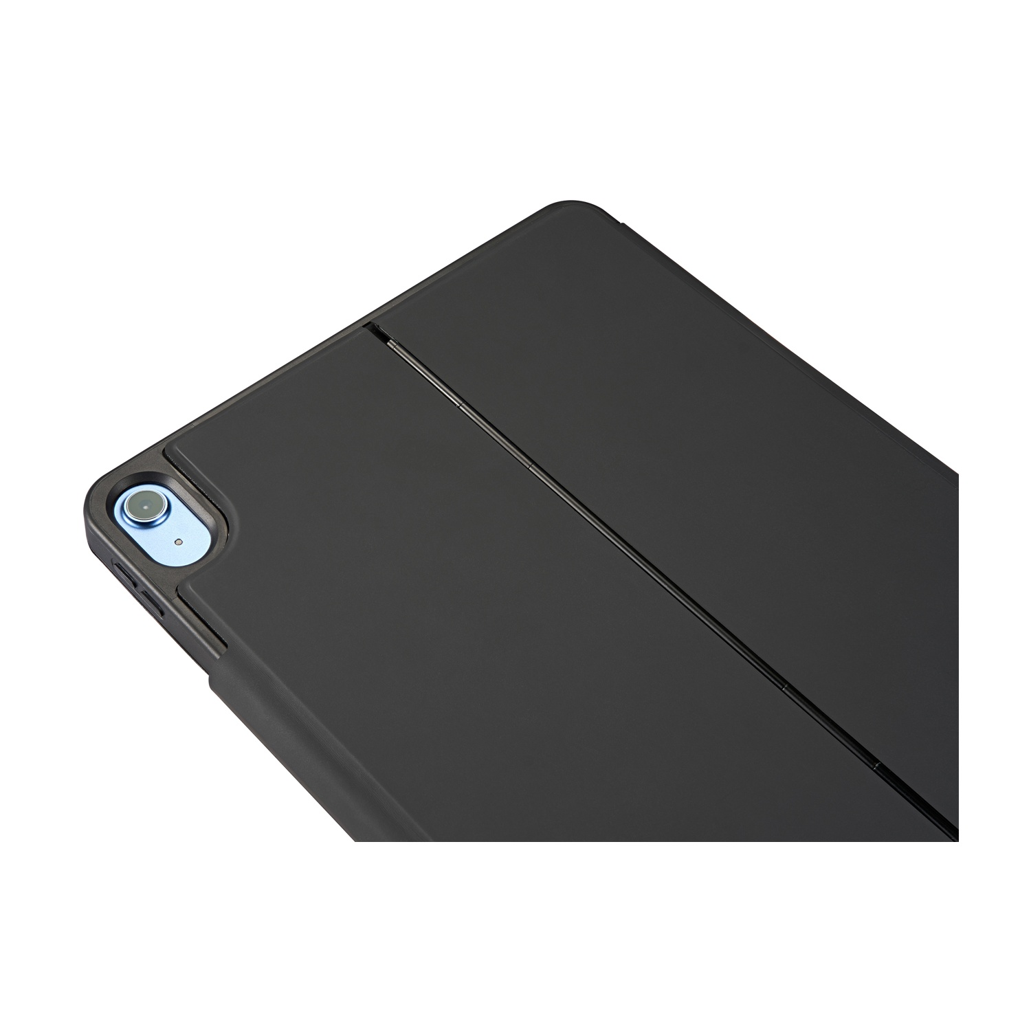 Custodia nera per tablet con ritaglio fotocamera e funzione pieghevole.