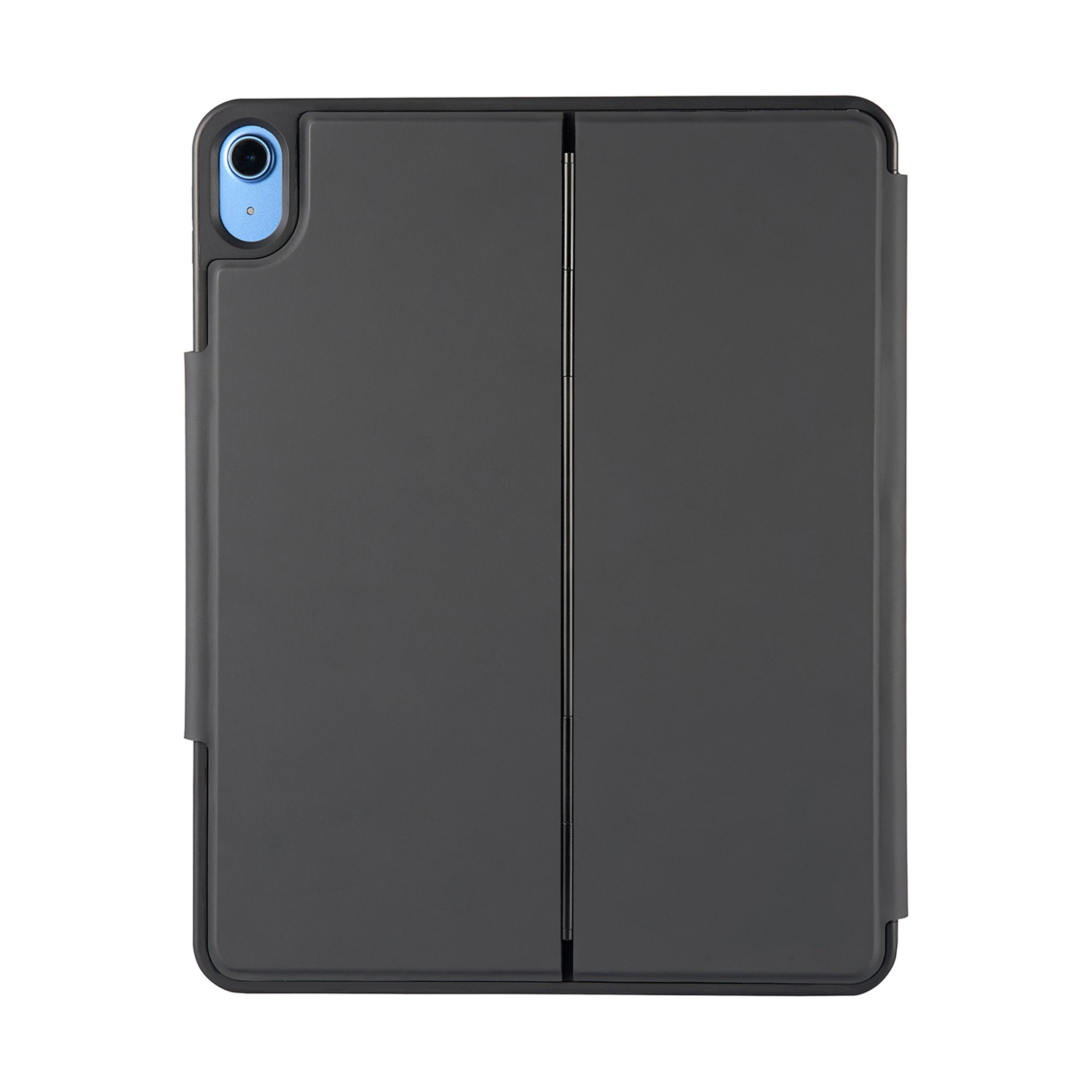 Cover per tablet grigio scuro con ritaglio fotocamera in alto a sinistra.