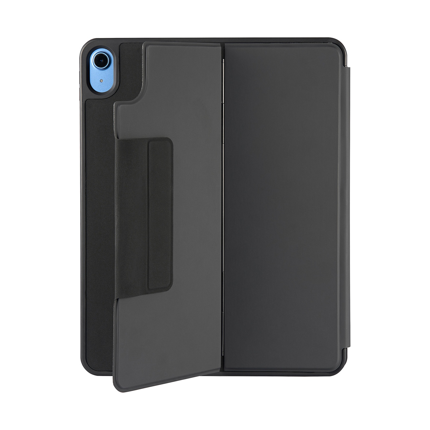 Un tablet nero con custodia aperta, fotocamera in alto a sinistra.
