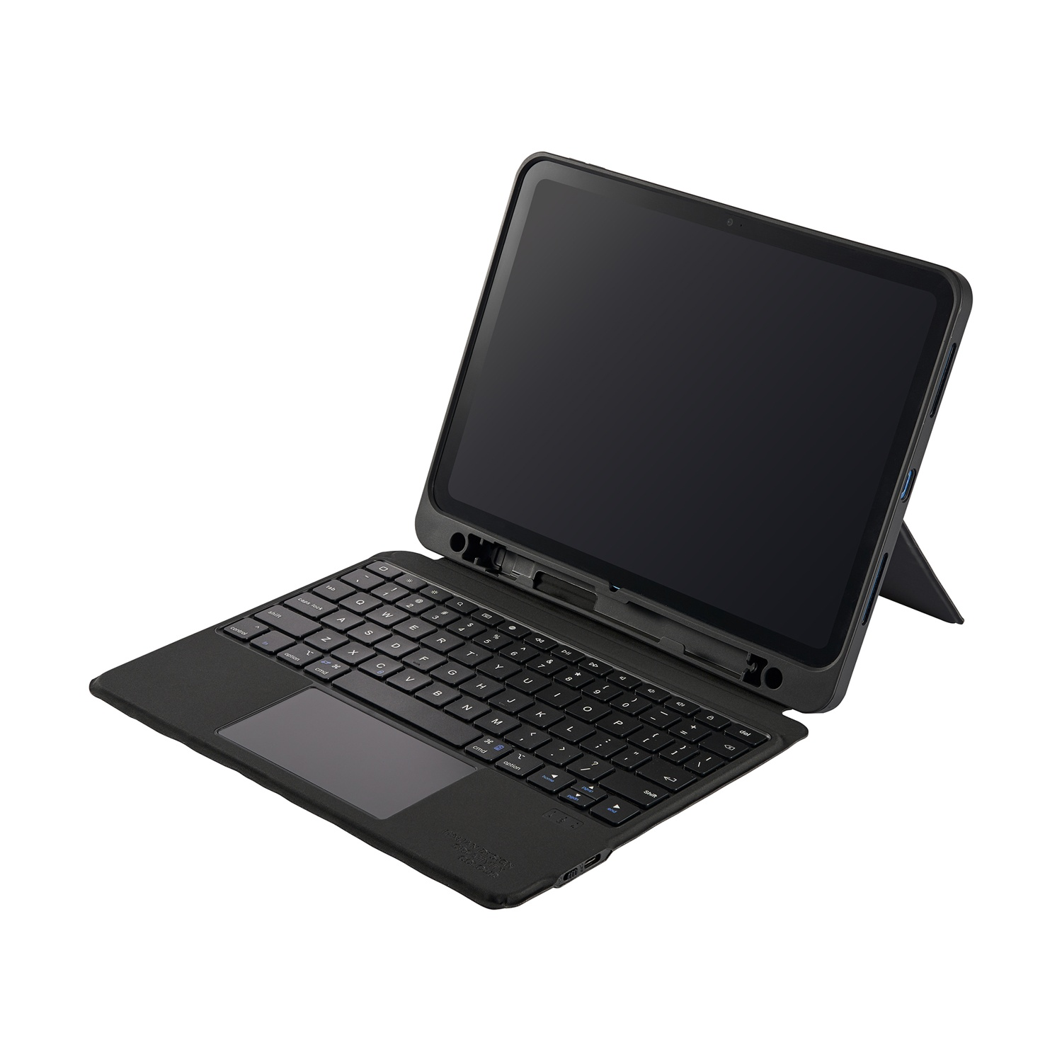 Un tablet nero con tastiera e trackpad attaccati, su sfondo bianco.