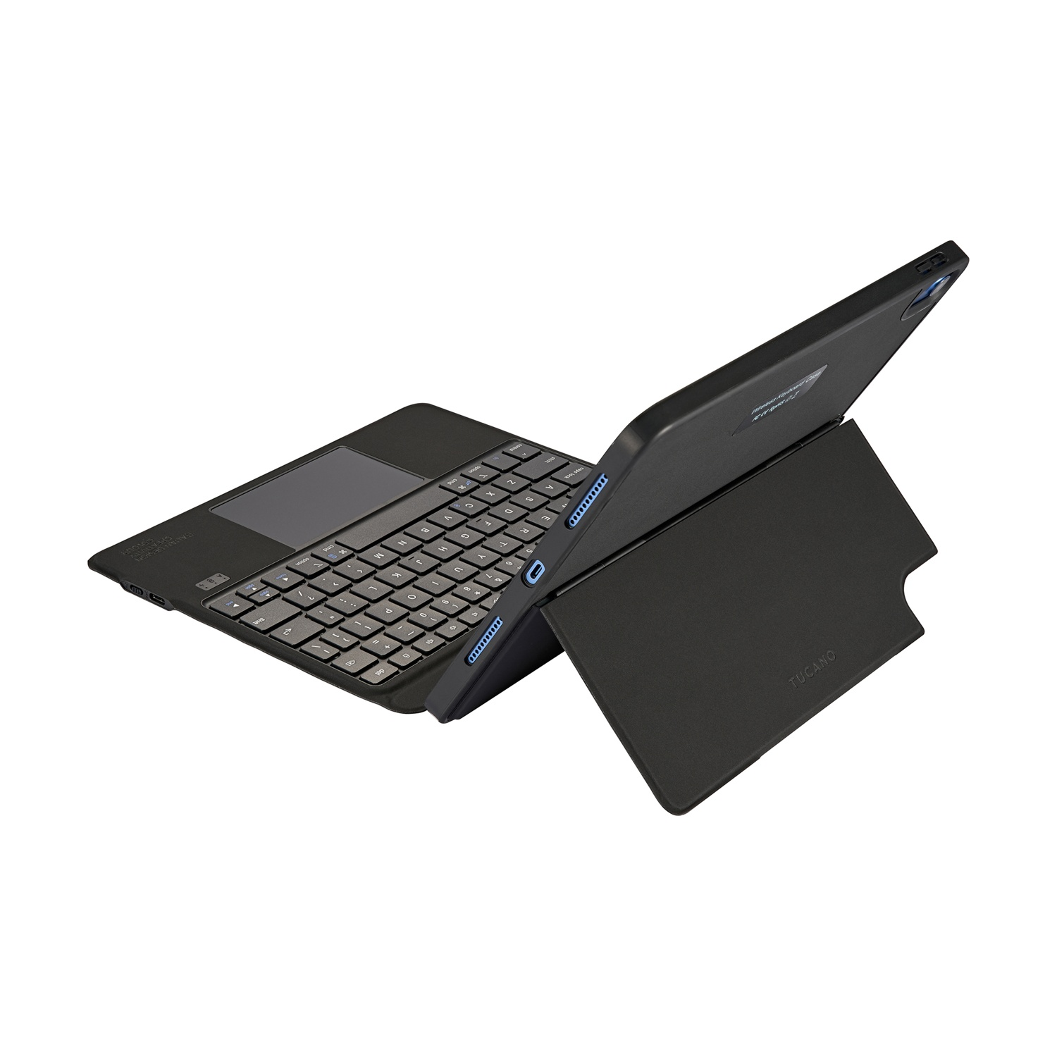 Custodia nera per tablet con tastiera e trackpad, su sfondo bianco.