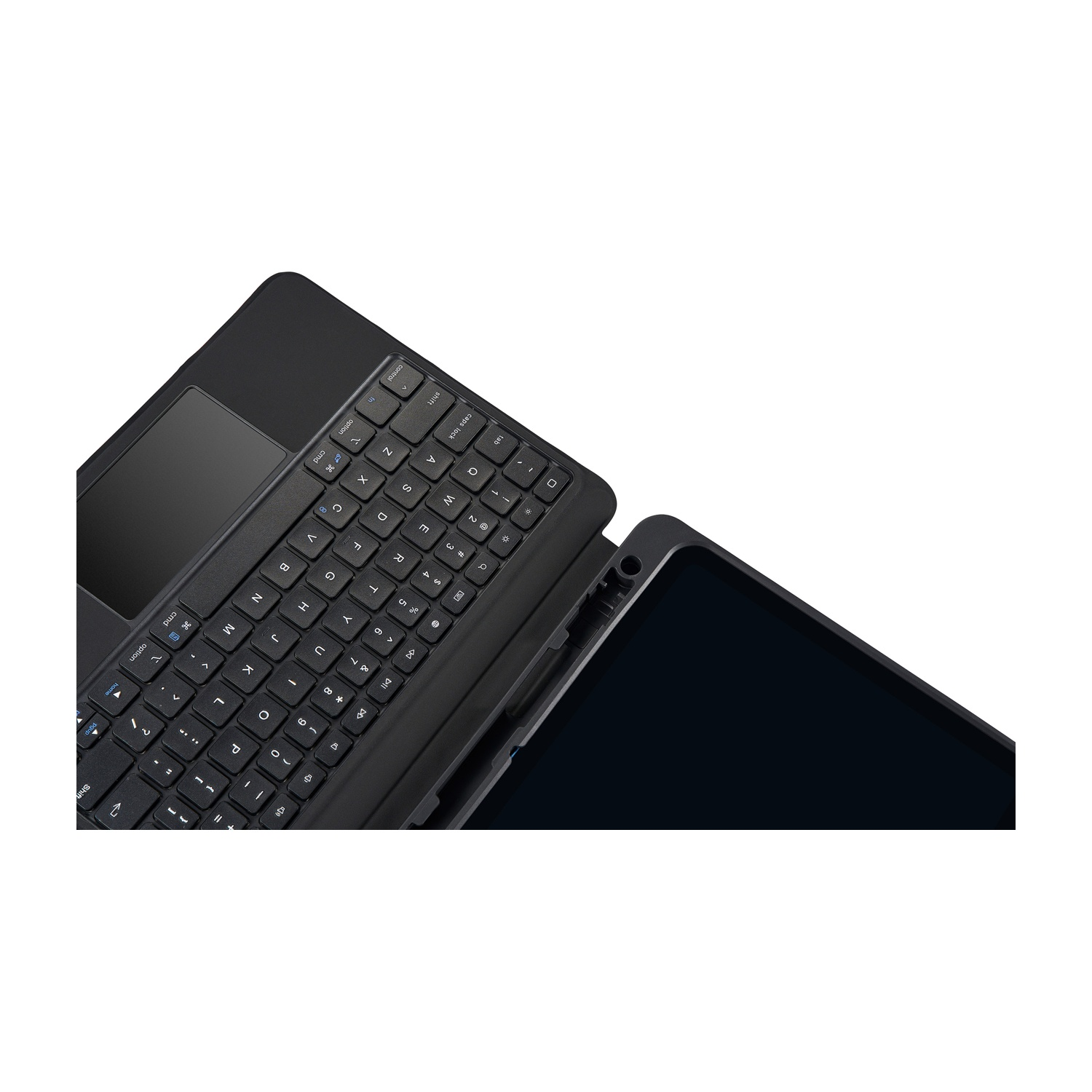 Un tablet nero con tastiera e trackpad, angolato su sfondo bianco.