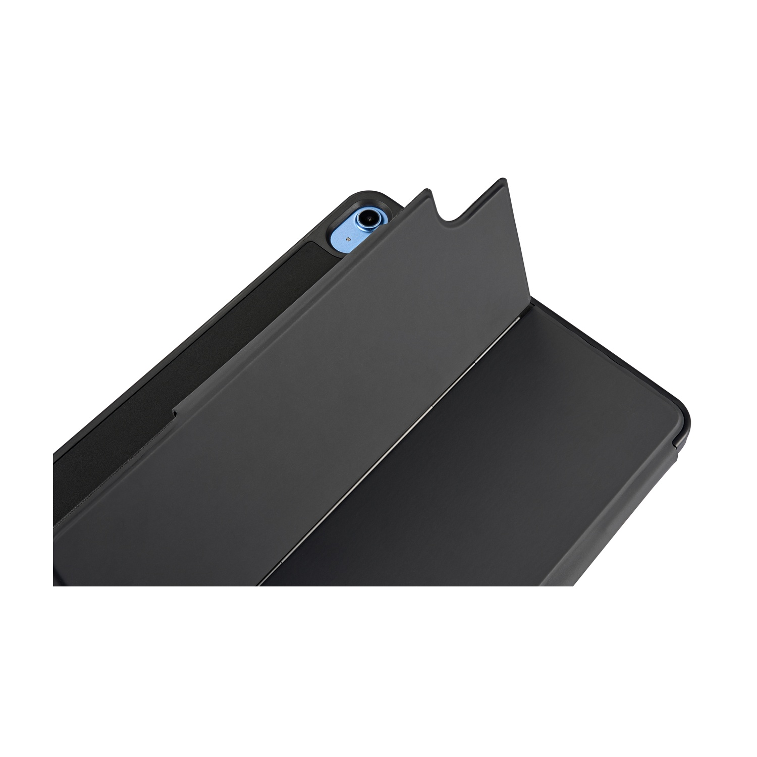 Tablet nero con copertina aperta, copriobiettivo visibile.