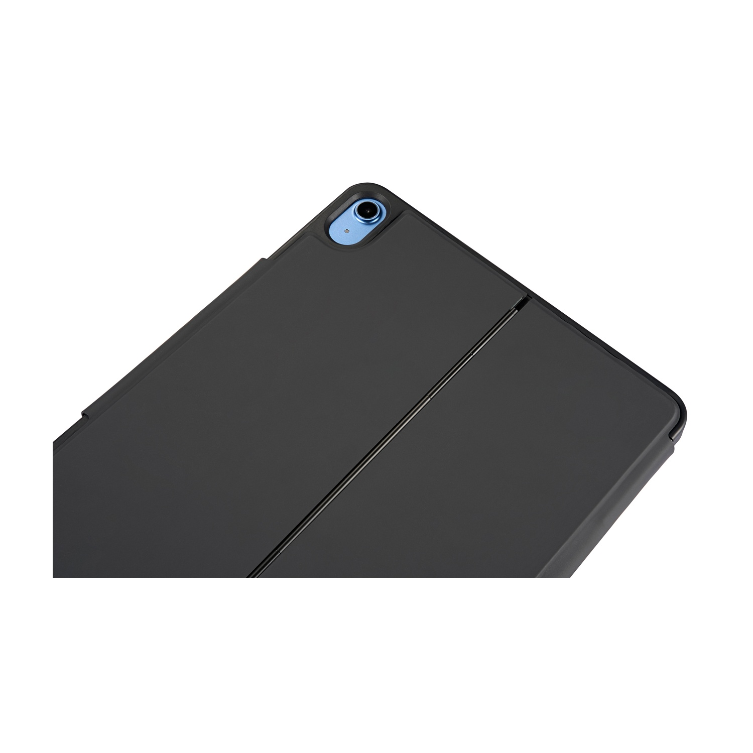 Una custodia per tablet nera con lente della fotocamera blu su sfondo bianco.