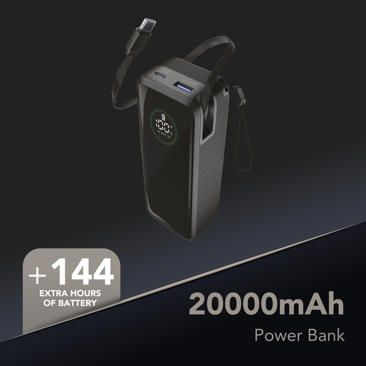 Power bank nera da 20000mAh con display digitale che mostra il 100% di batteria.