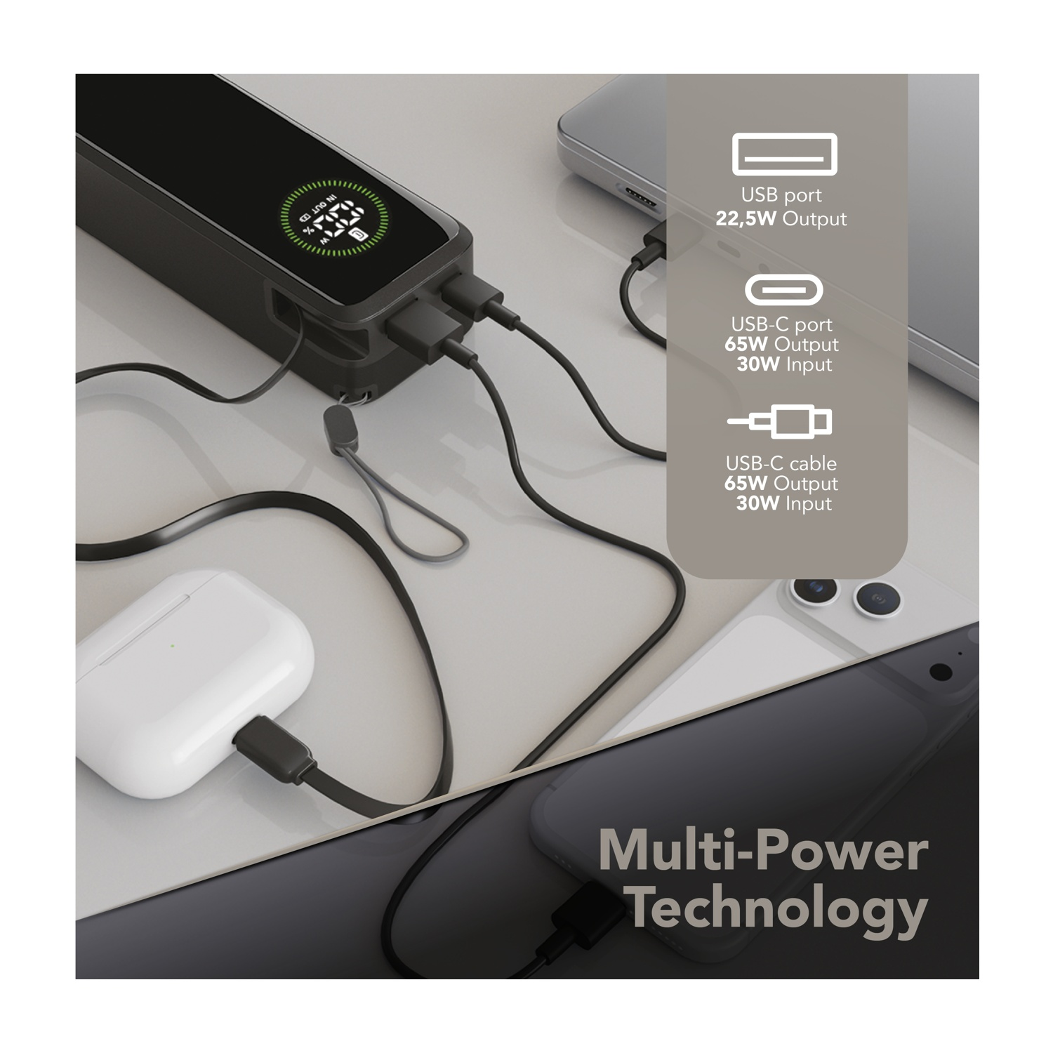 Power bank nero con cavi che caricano AirPods e smartphone.