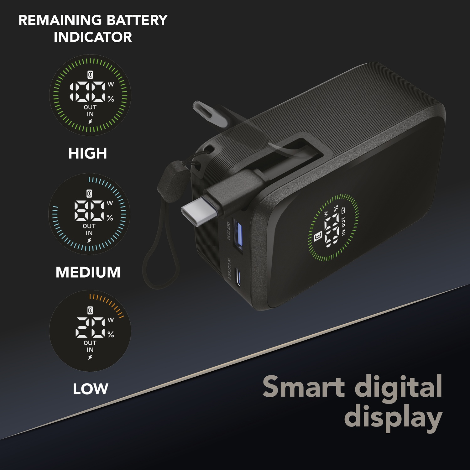 Power bank nero con display digitale: Alto (100%), Medio (80%), Basso (20%).