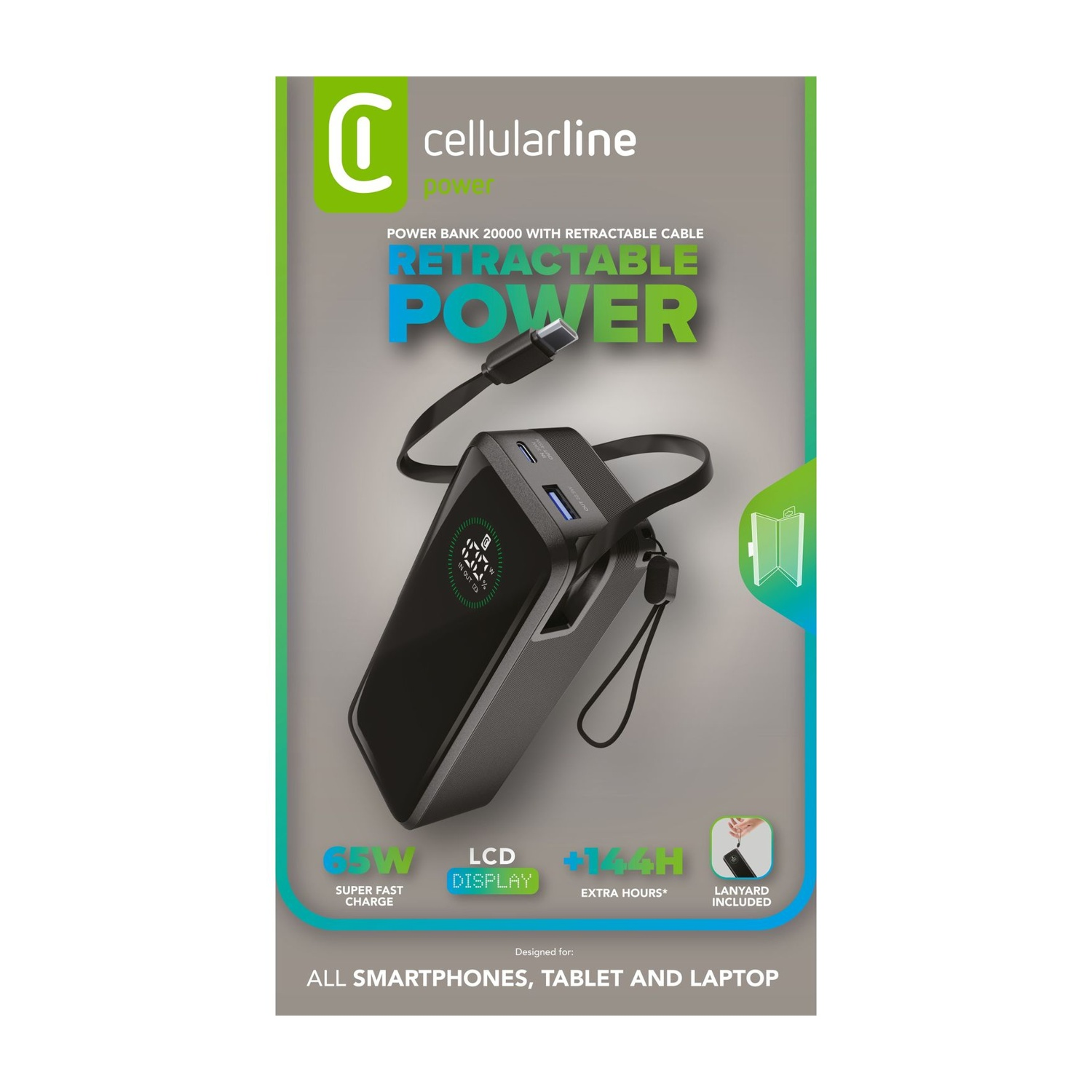 Power bank nera Cellularline con cavo retrattile e display LCD. Ricarica rapida 65W.