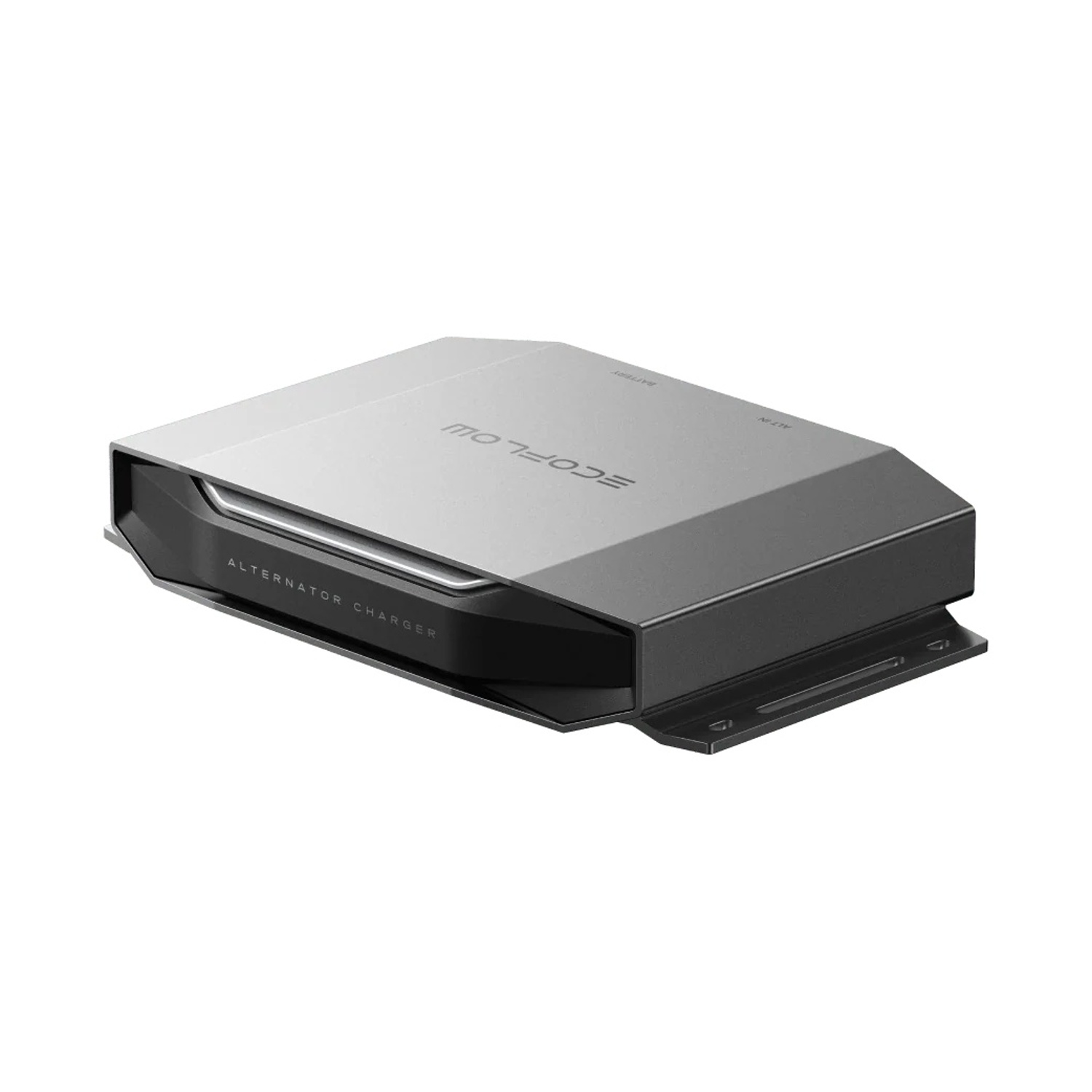 Un caricabatterie argentato e nero con etichette 'Ecoflow' e 'Alternator Charger'.
