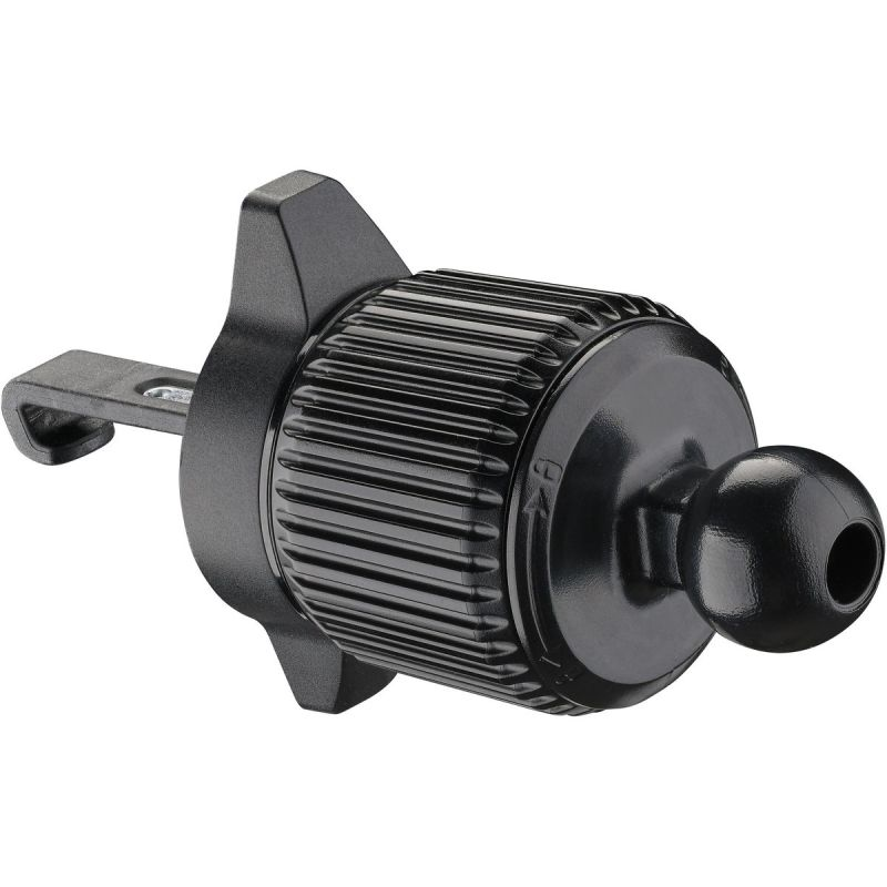 Ein schwarzer, gerändelter Adapter mit einer Kugel und einem Haken.