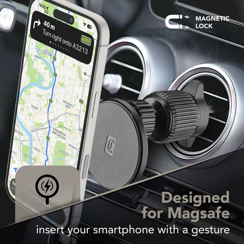 Ein Smartphone-Halter mit MagSafe-Magnetverschluss an einem Auto-Luftauslass.