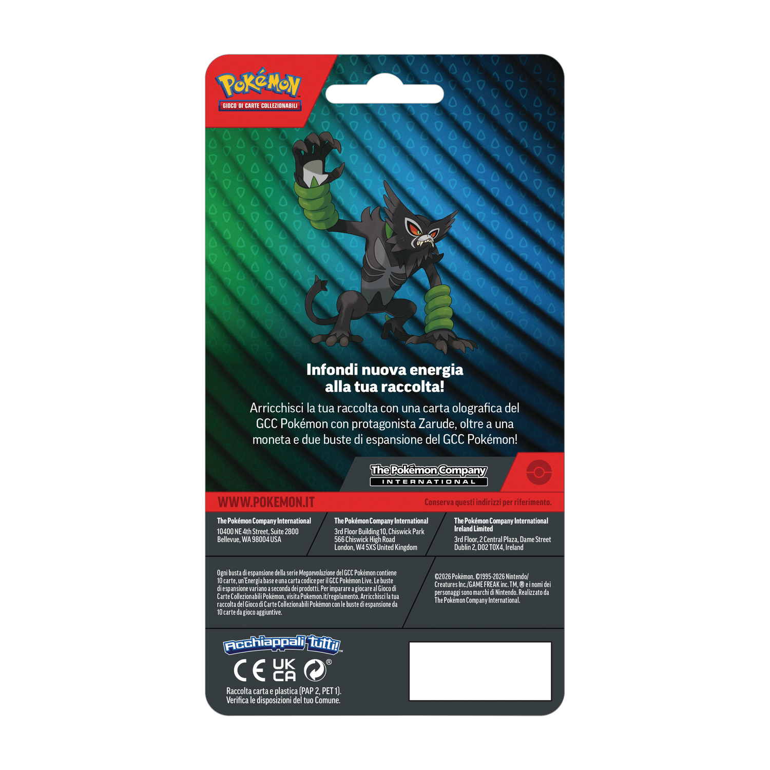 Espansione GCC Pokémon con carta Zarude, moneta e 2 buste.
