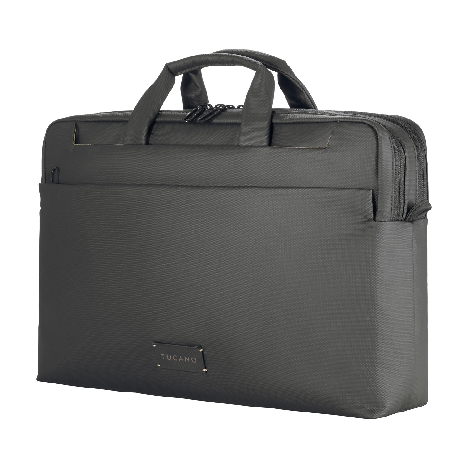 Borsa porta PC grigio scuro con manici e zip, logo Tucano.