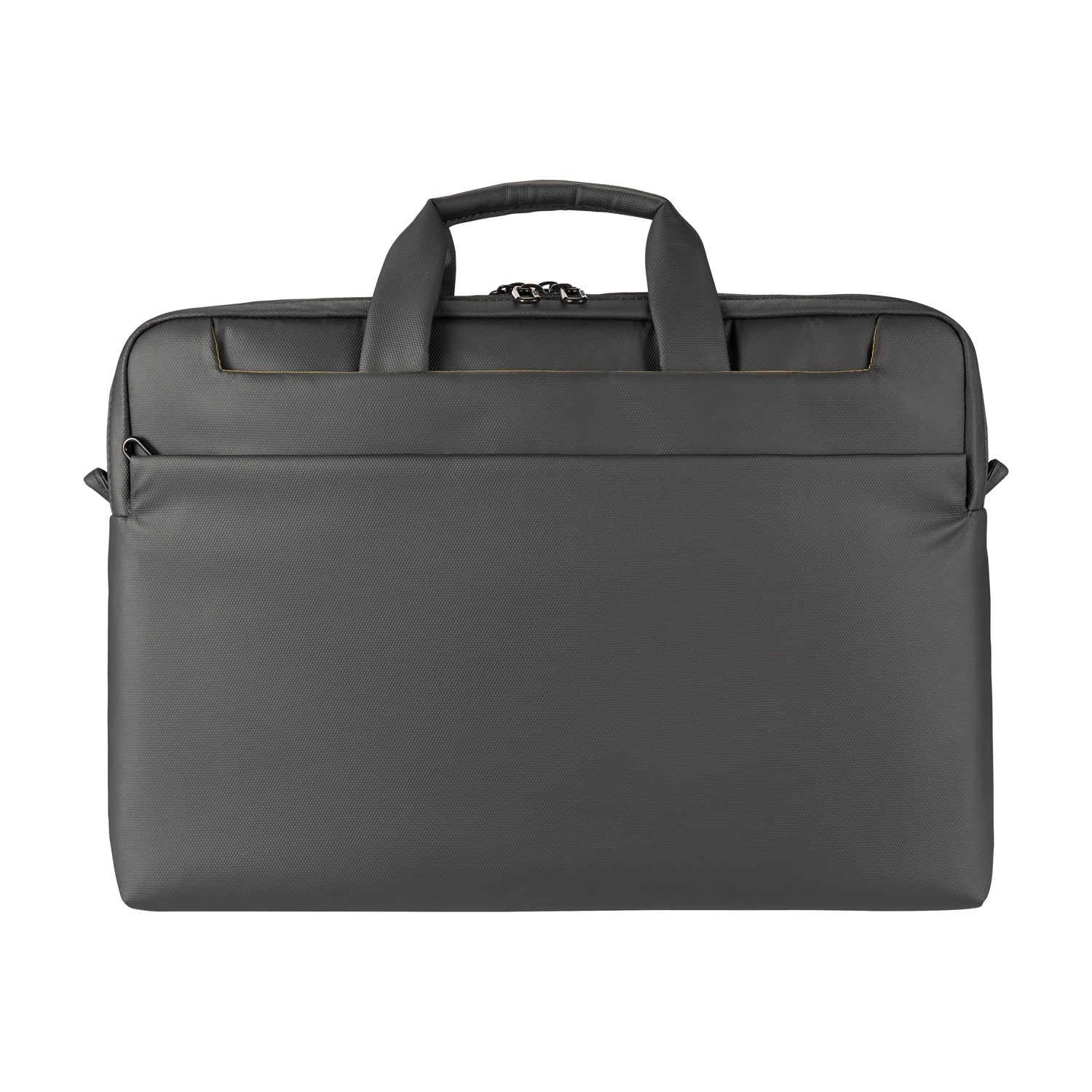 Una borsa per laptop grigio scuro con due manici e chiusura a zip.