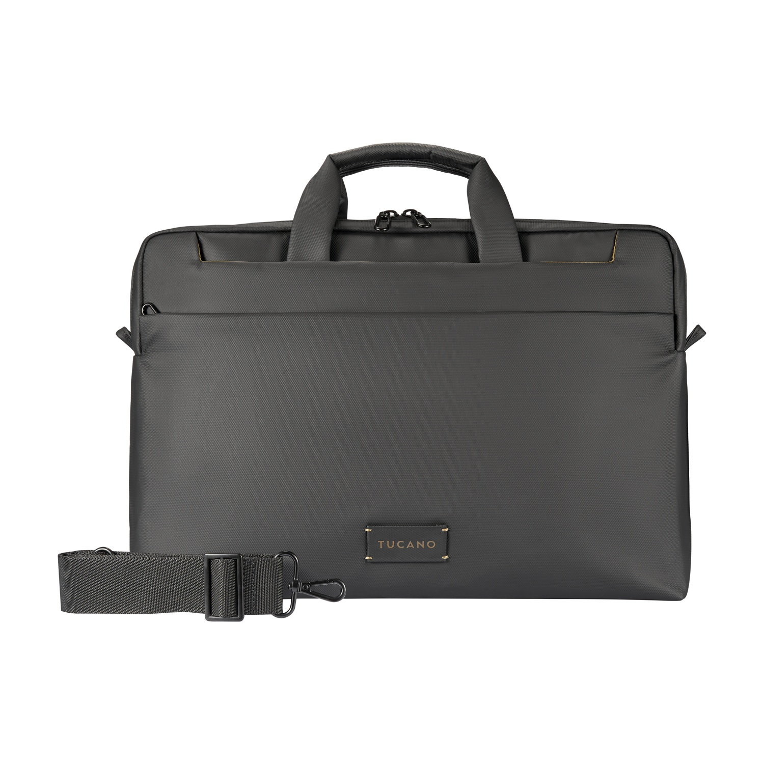 Una borsa porta computer grigio scuro con manico e tracolla.
