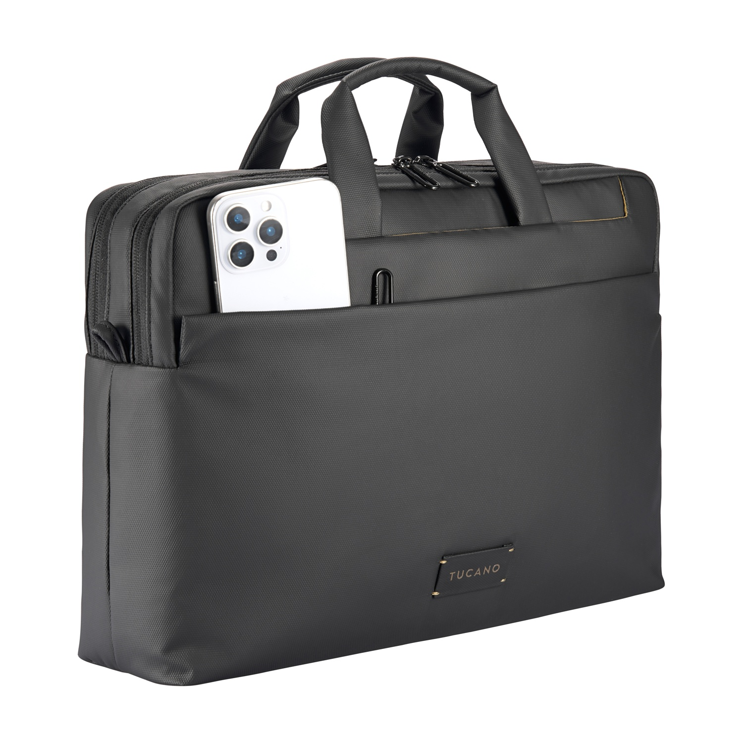 Borsa nera per laptop con smartphone argentato nella tasca esterna.