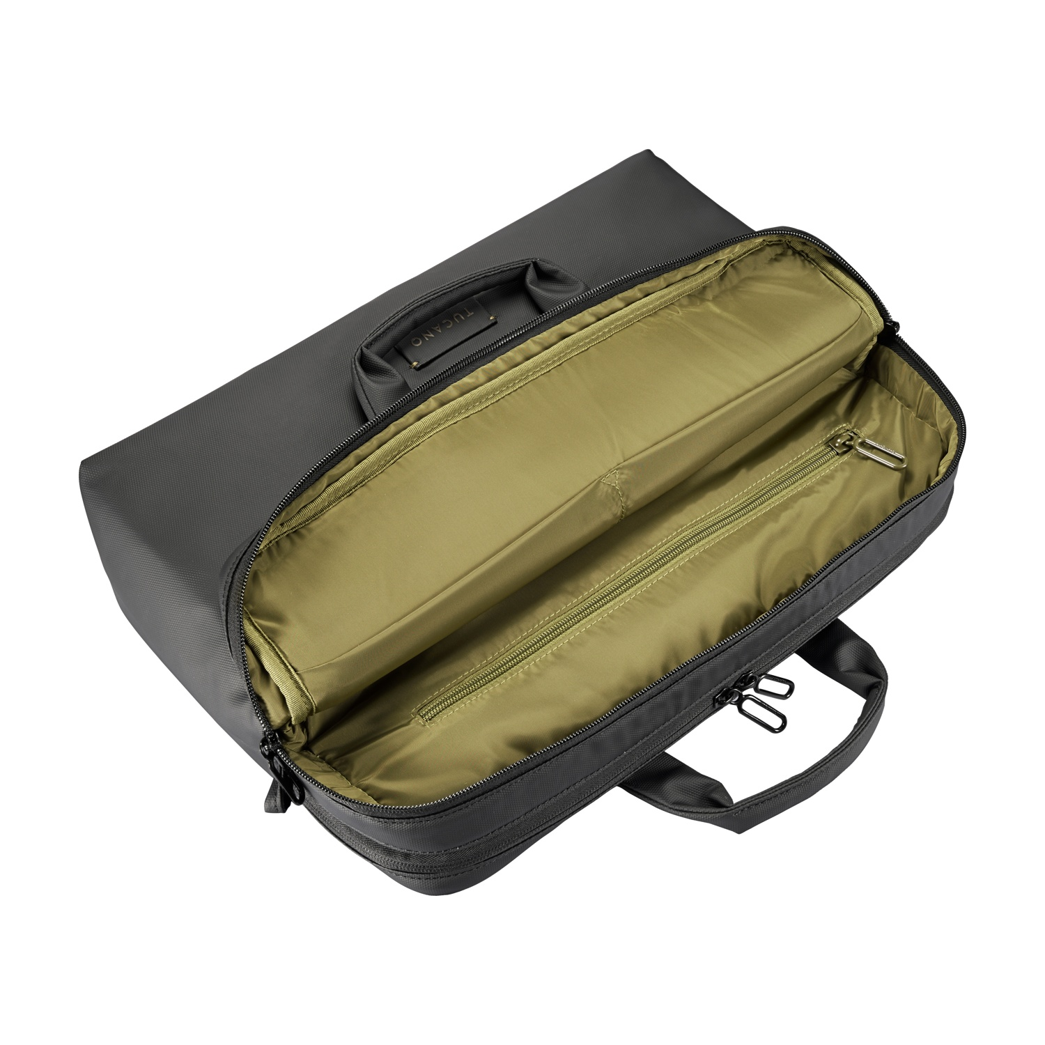 Borsa porta PC nera aperta con interno verde oliva e due manici.