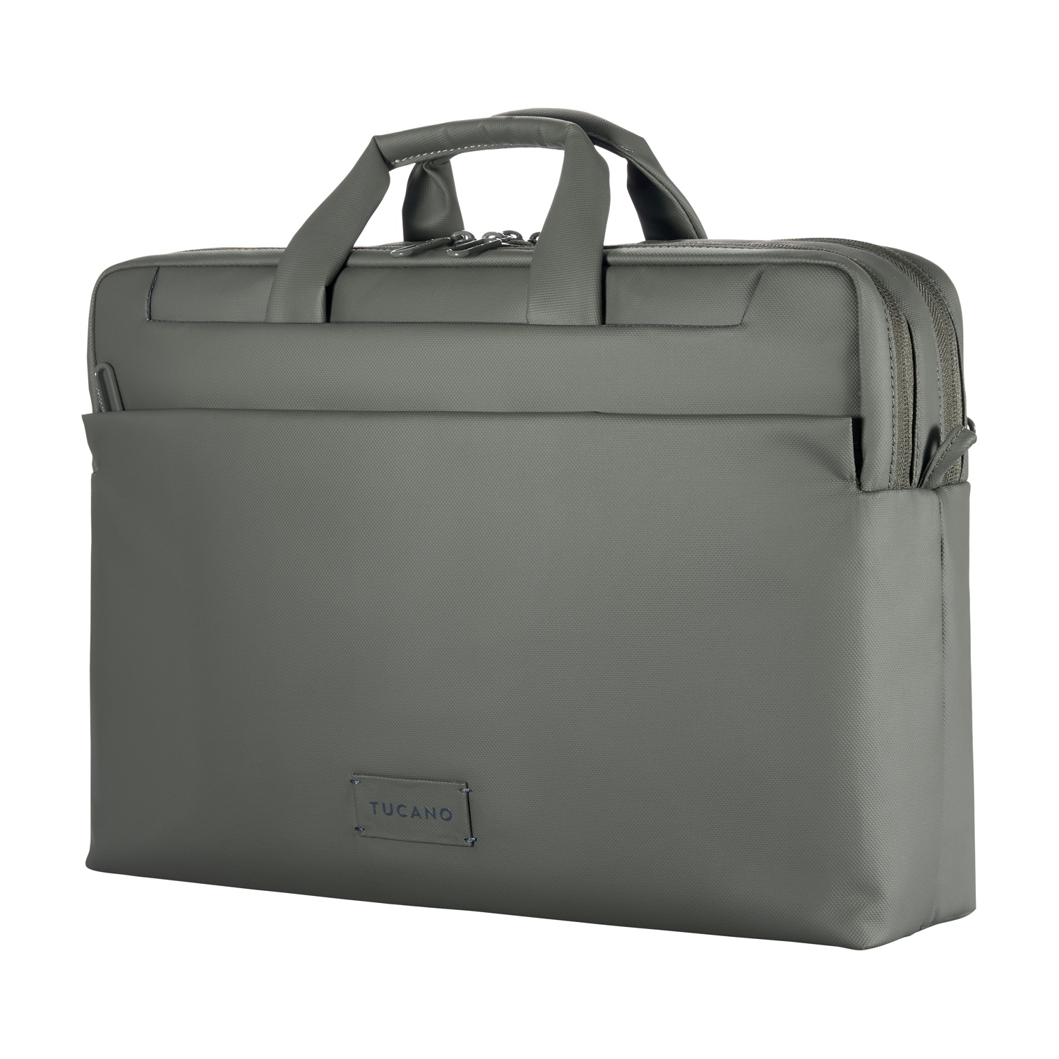 Borsa porta PC grigia con due manici e chiusura zip.