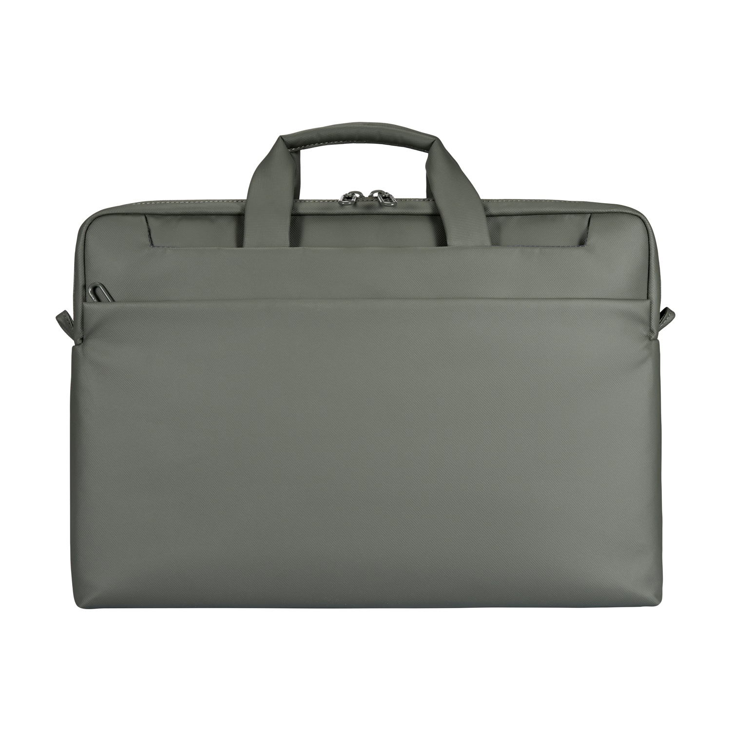 Una borsa per laptop grigia con due manici e cerniere.