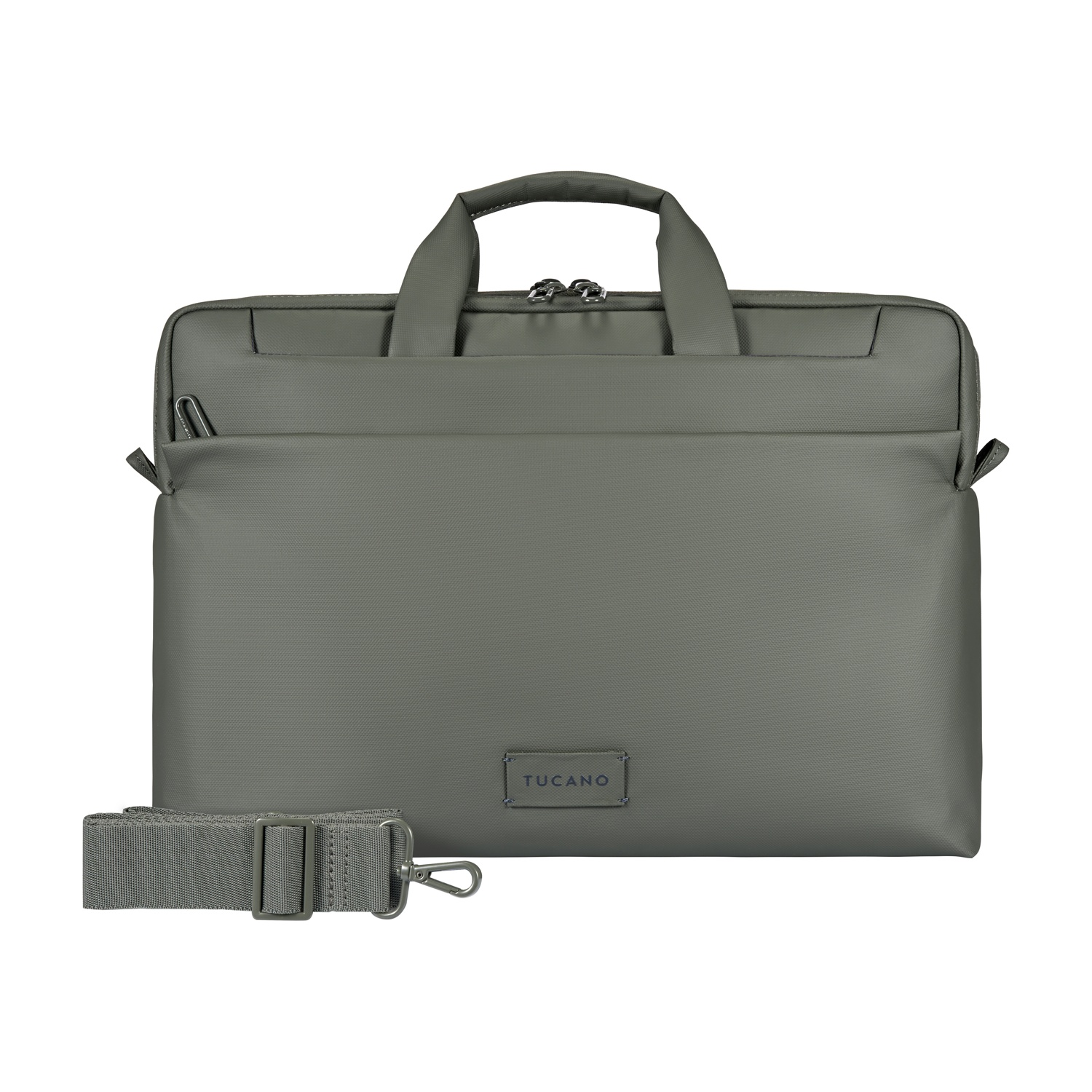 Borsa grigia per laptop con manici e tracolla staccabile.