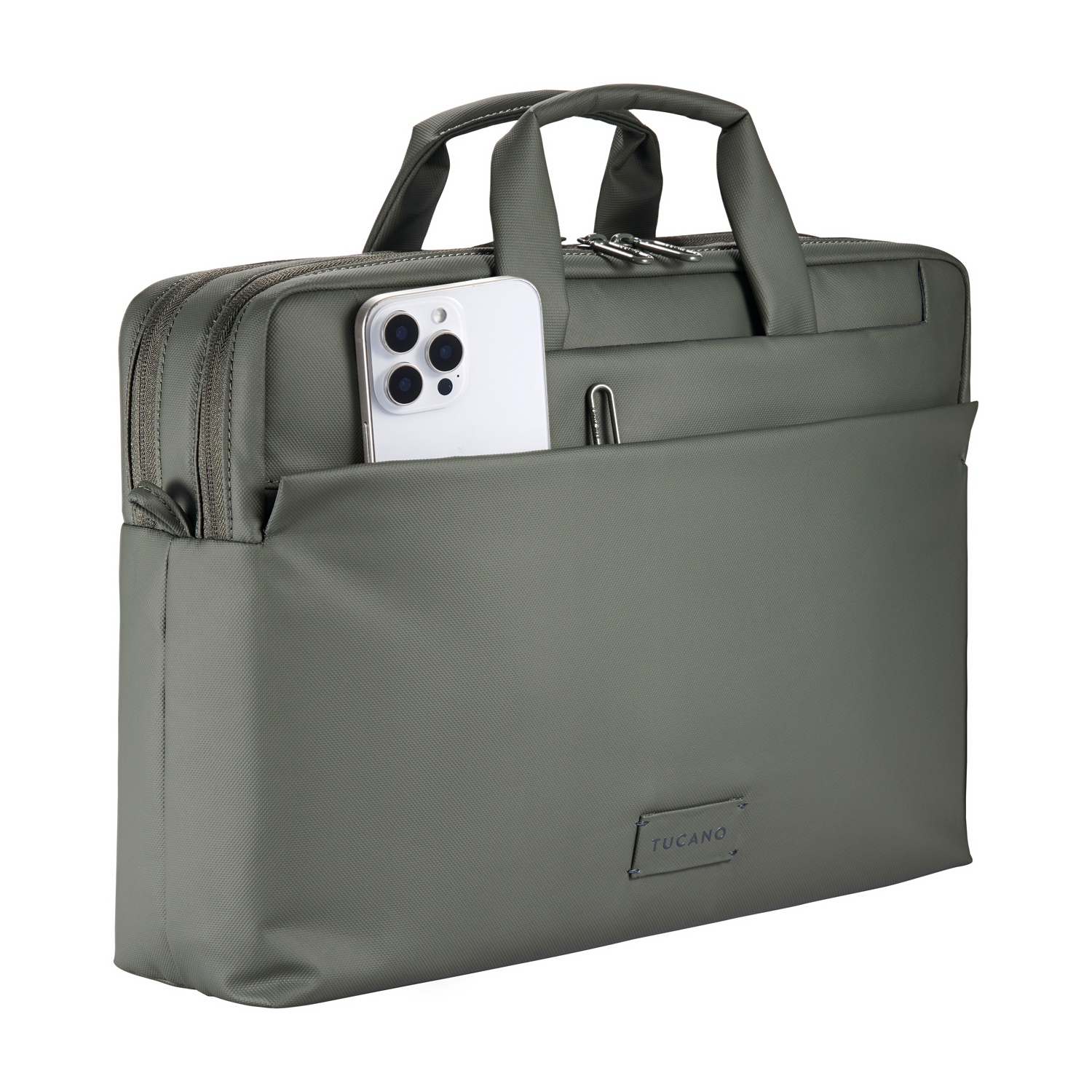 Borsa porta PC grigia con telefono e penna nella tasca esterna.