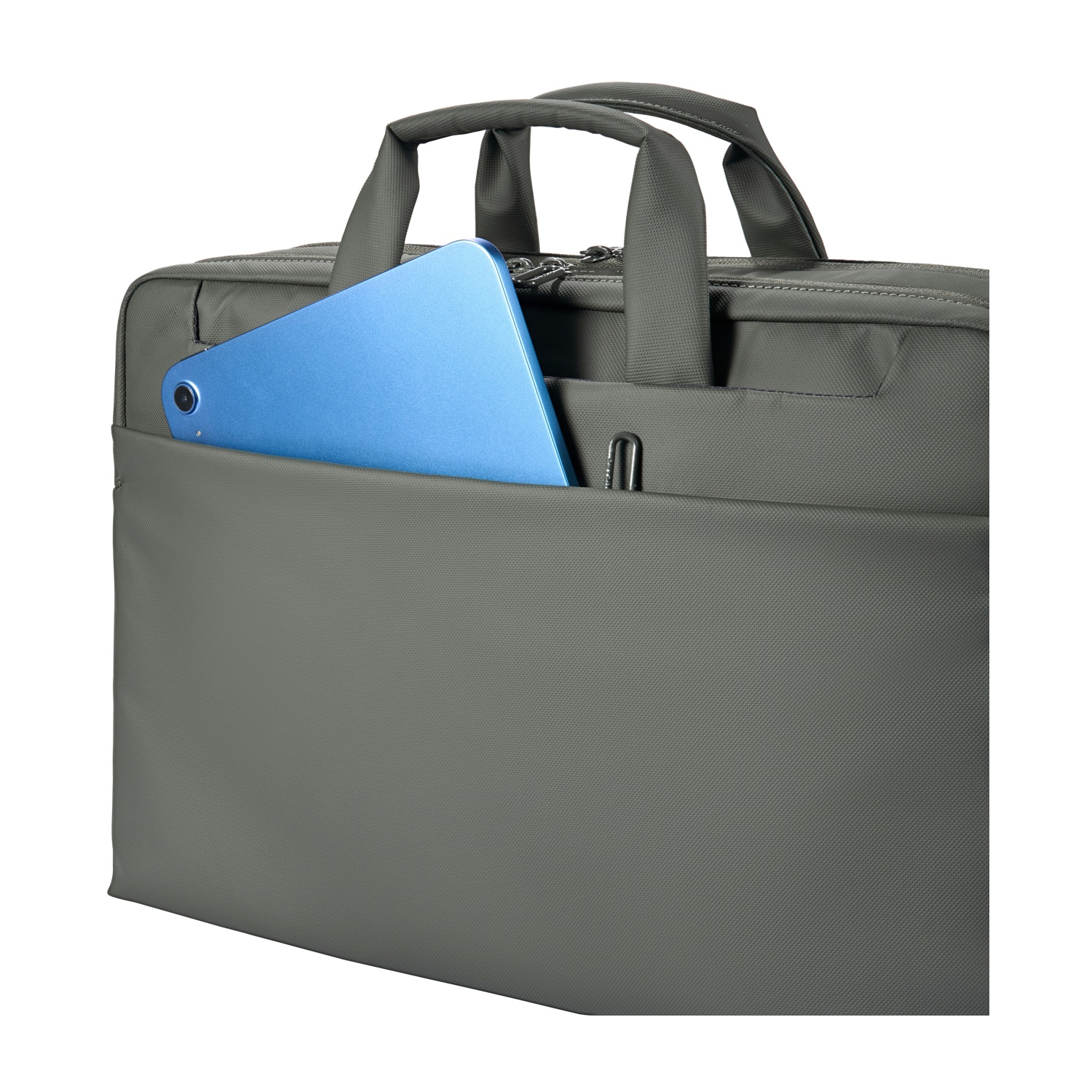 Borsa grigia per laptop con tablet blu nella tasca frontale.