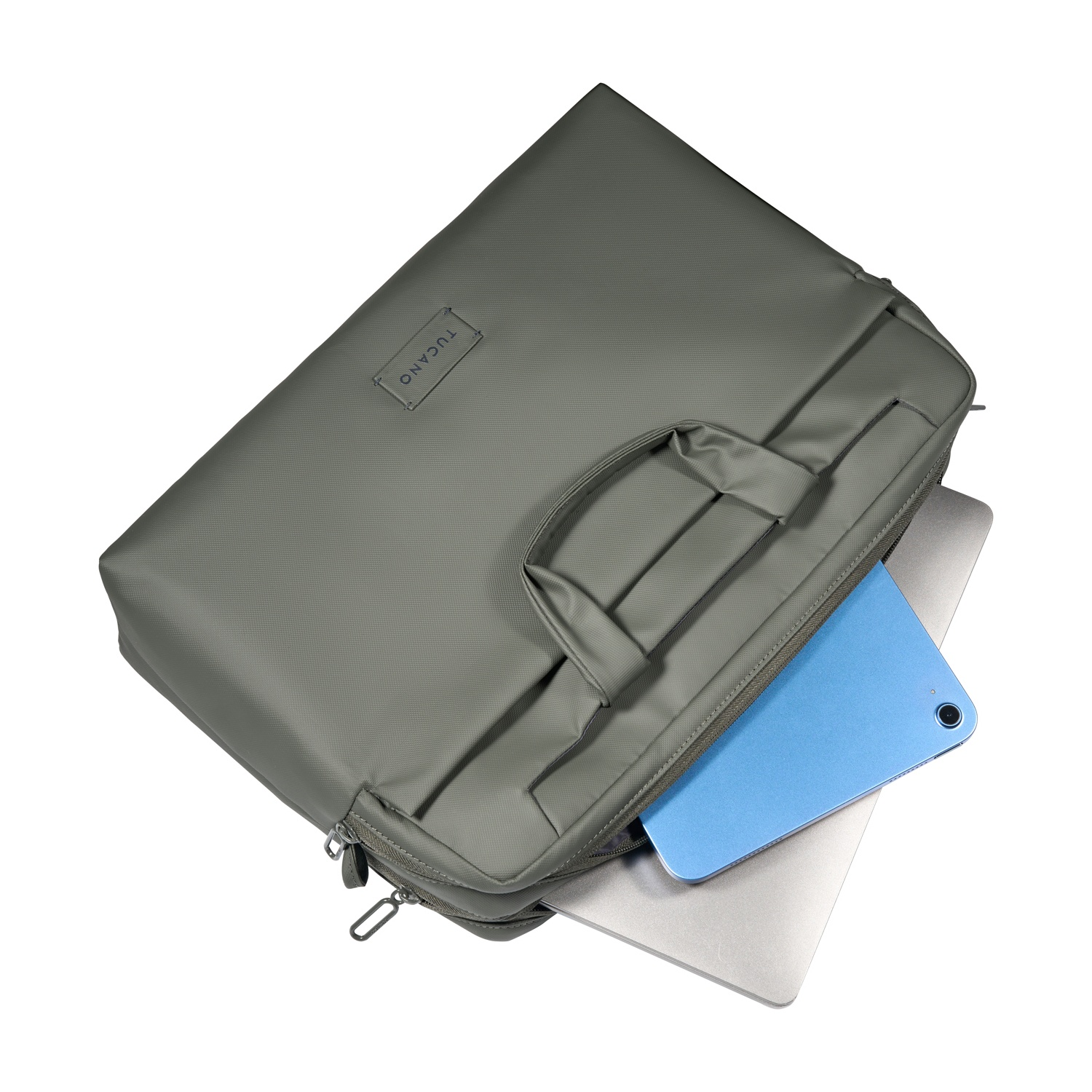 Borsa Tucano grigia con tablet blu e laptop