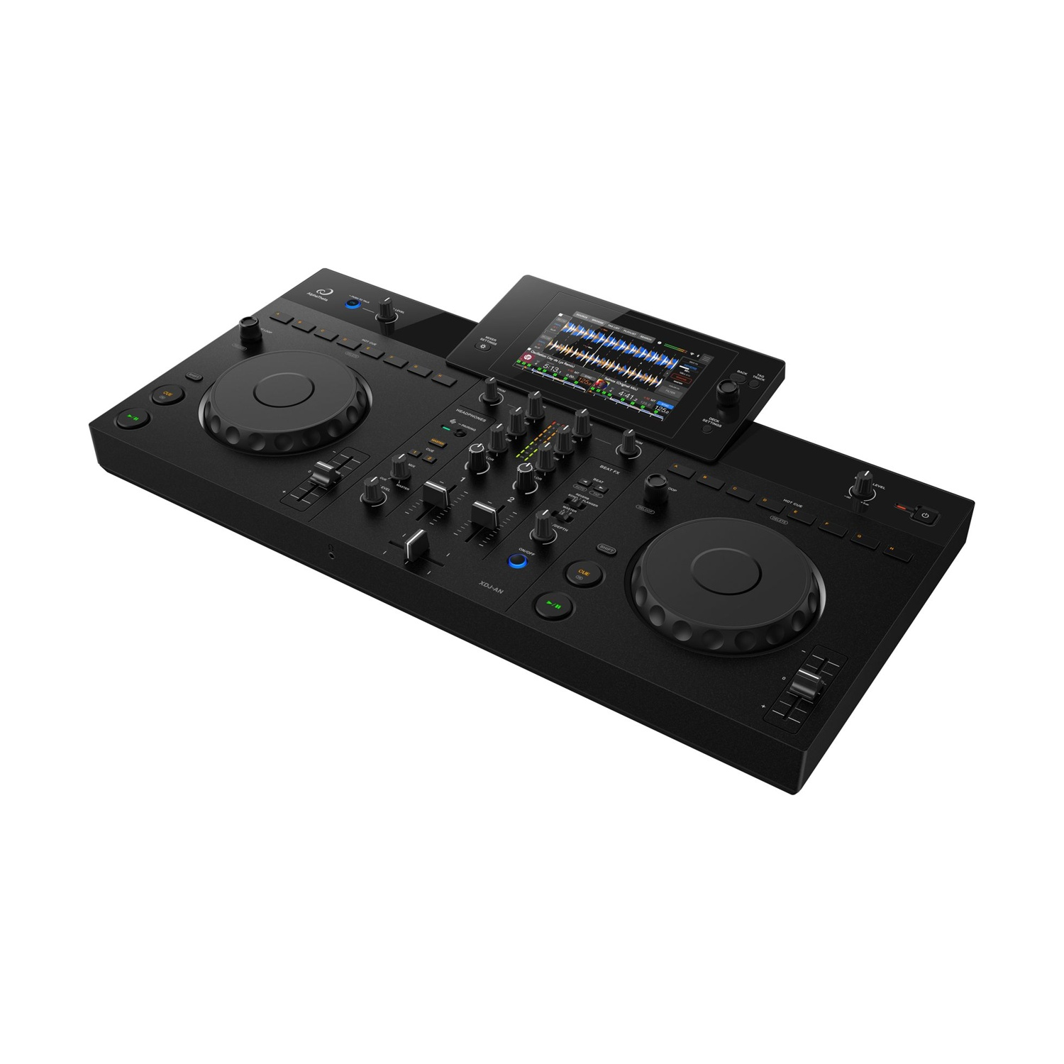Un controller DJ nero con due jog wheel e touchscreen.
