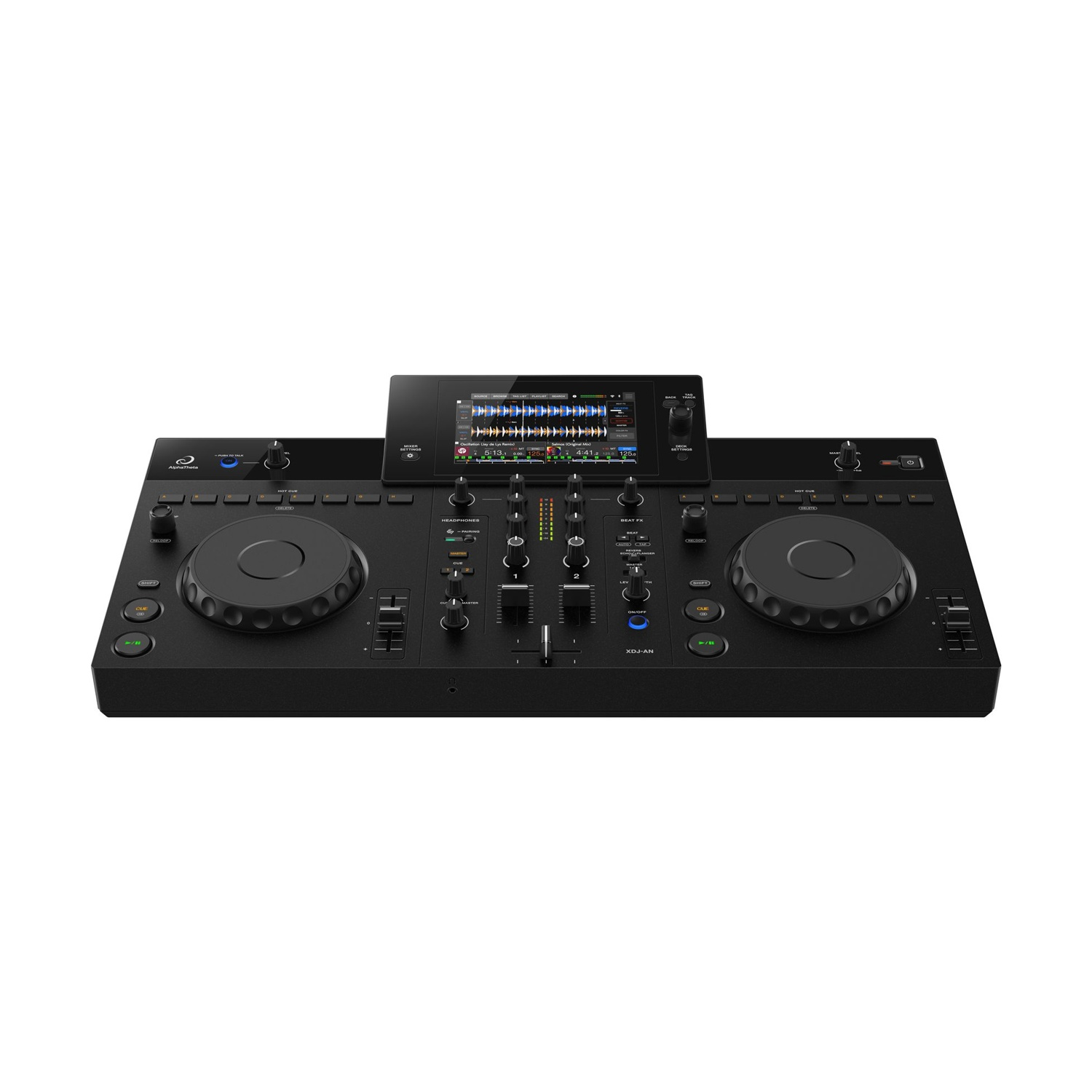 Controller DJ nero con due jog wheel, touchscreen e molti pulsanti.