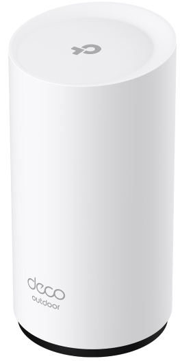 Egy fehér, hengeres WiFi router 'Deco' logóval és 'outdoor' felirattal az elején.