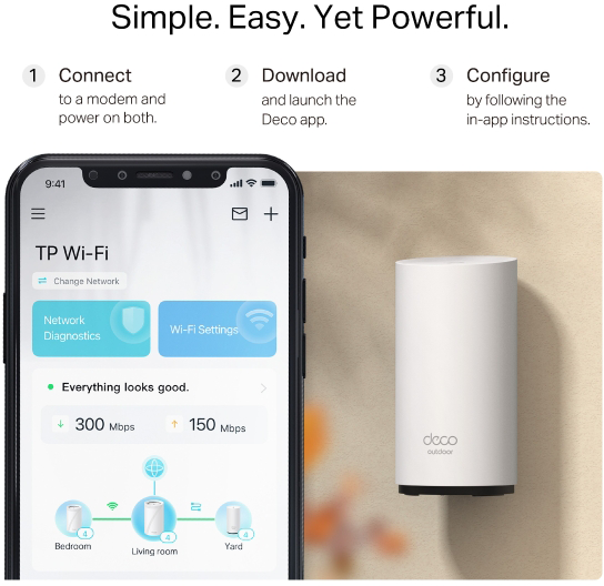 Telefonon TP Wi-Fi app, Deco Outdoor eszköz falon. Egyszerű beállítás 1-3.